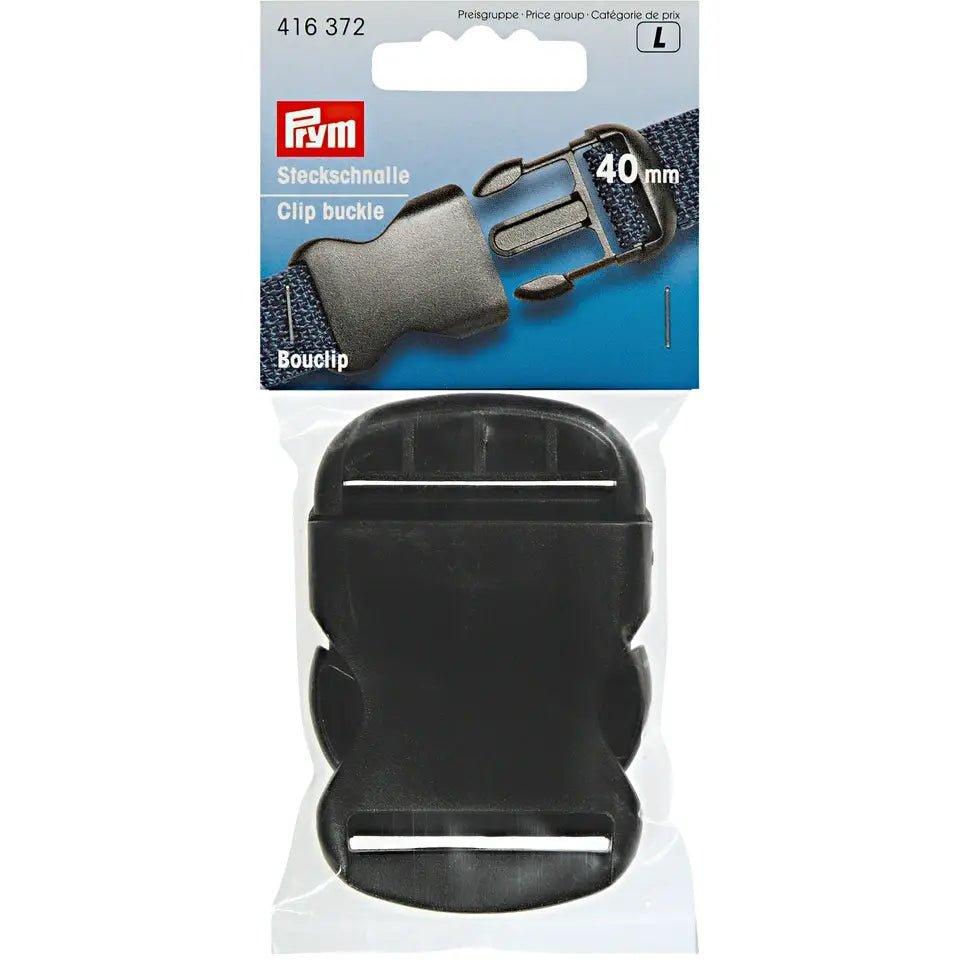 Black plastic clip buckle, 40mm, for straps and fasteners.