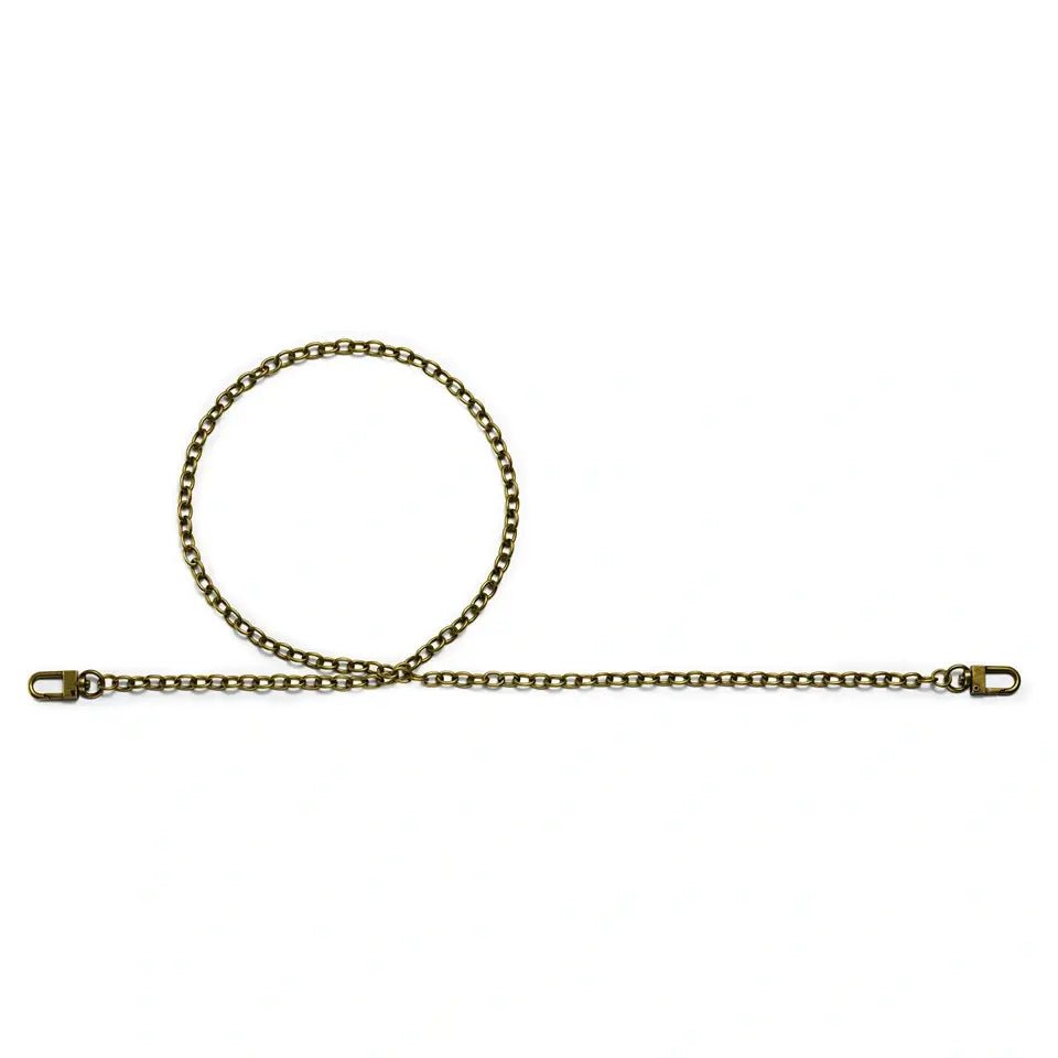 Antique brass steel chain bag handle with snap hooks, 88cm long.