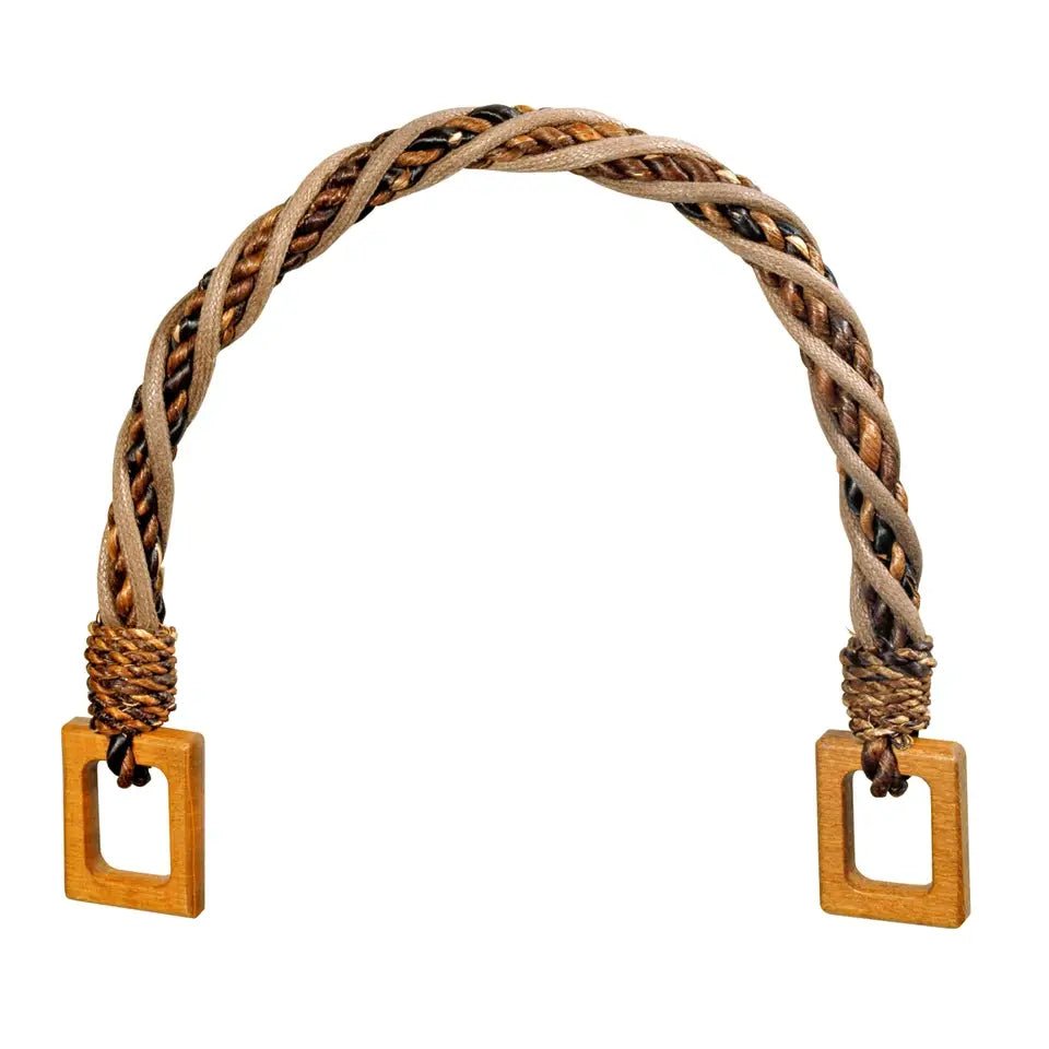 Multicoloured braided abaca fibre bag handle with wooden square loops.