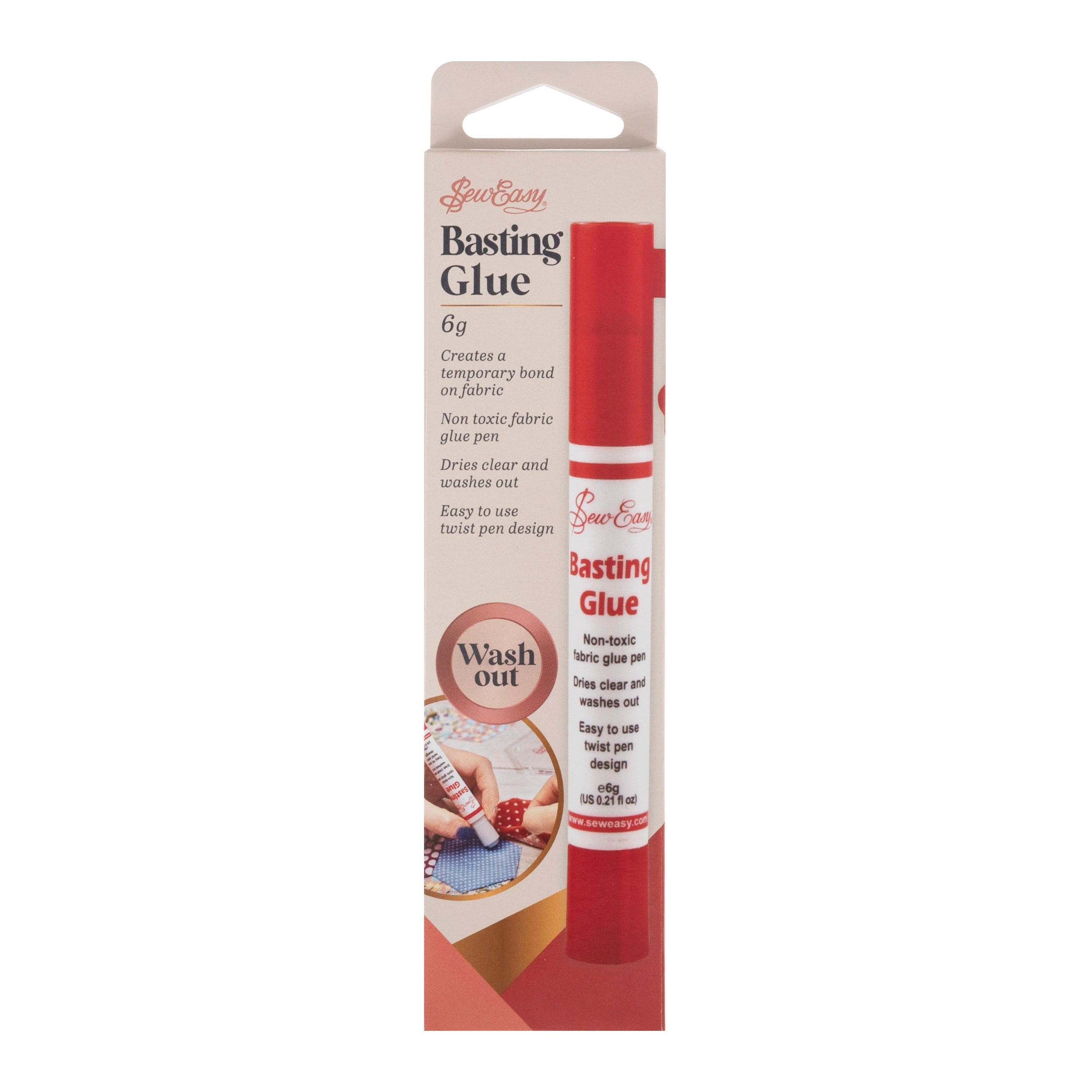 Seweasy Basting Glue in a 6g twist pen package for temporary fabric bonding.