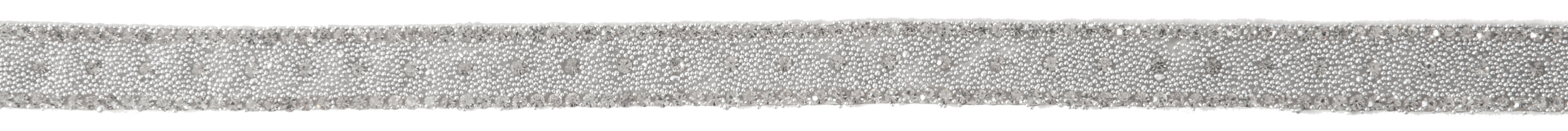 Silver diamanté iron-on trim with a 9mm crystal tape design and heat-activated adhesive.