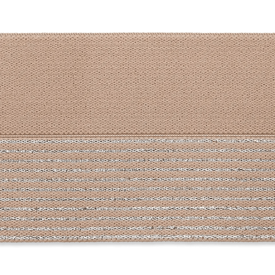Beige elastic trimming tape with horizontal silver stripes.