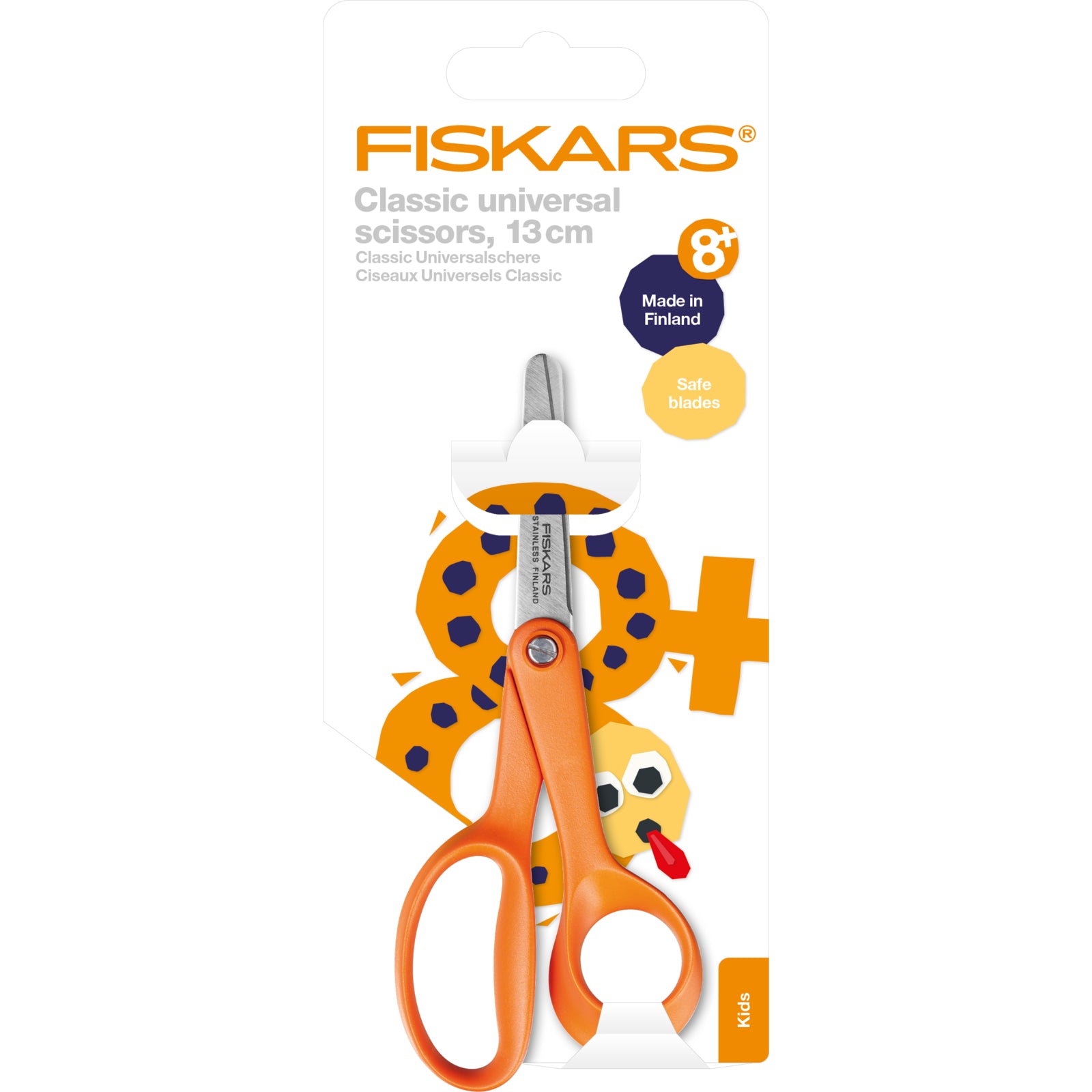 Fiskars orange kids' universal scissors with stainless steel blades.