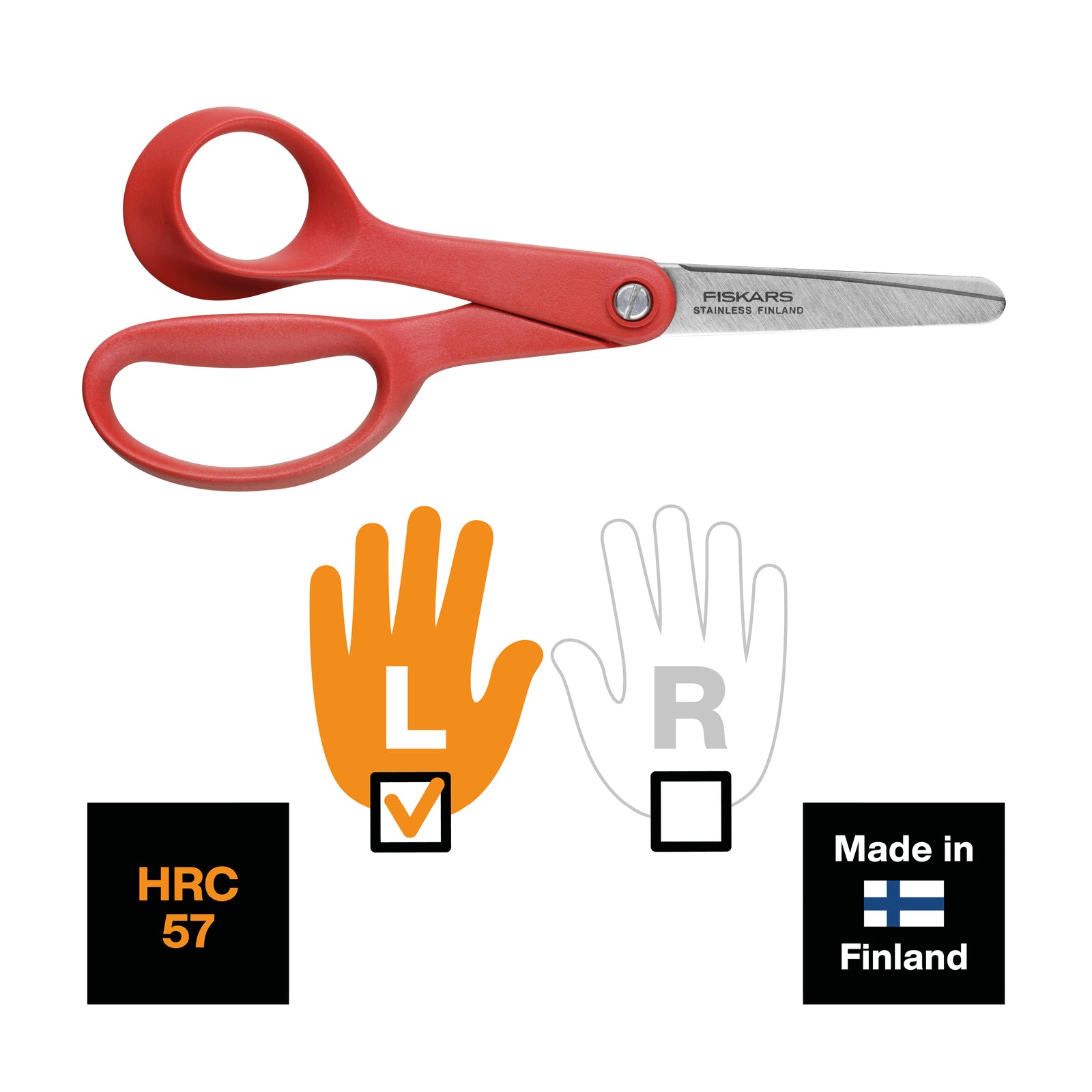 Fiskars red left-handed scissors with stainless steel blades and a "Made in Finland" label.