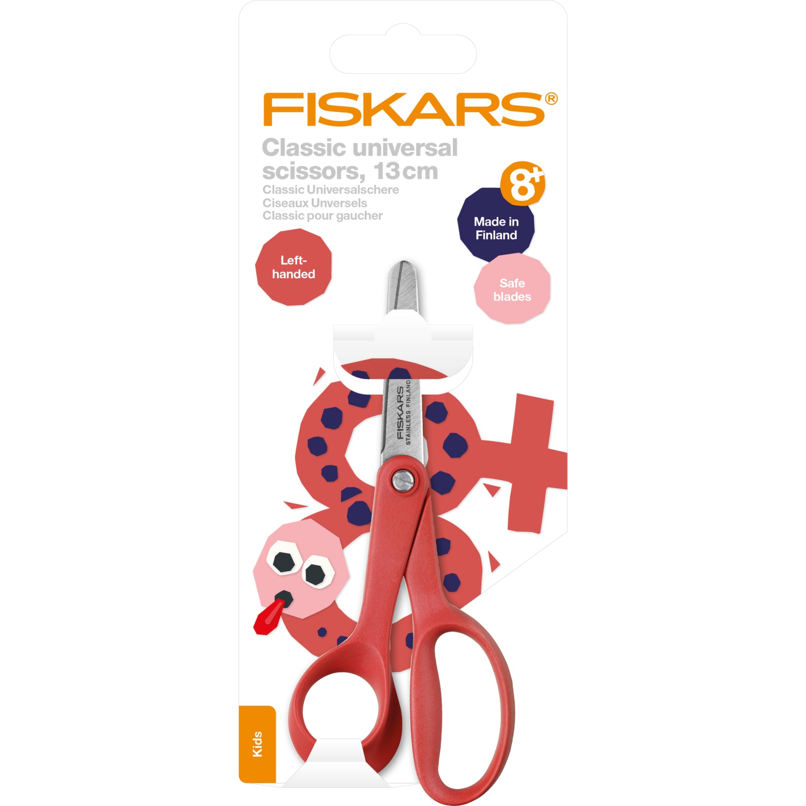 Fiskars kids left-handed classic 13cm stainless steel scissors with red handles.