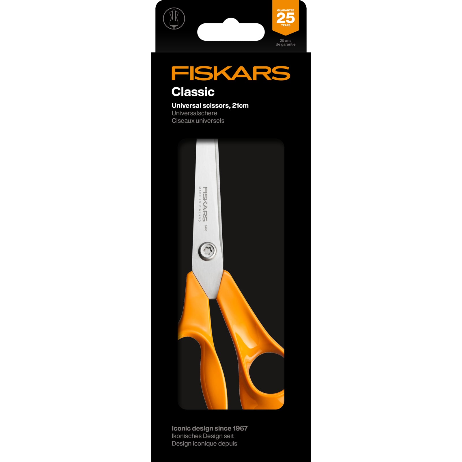 Fiskars Classic 21cm universal scissors with orange ergonomic handles.