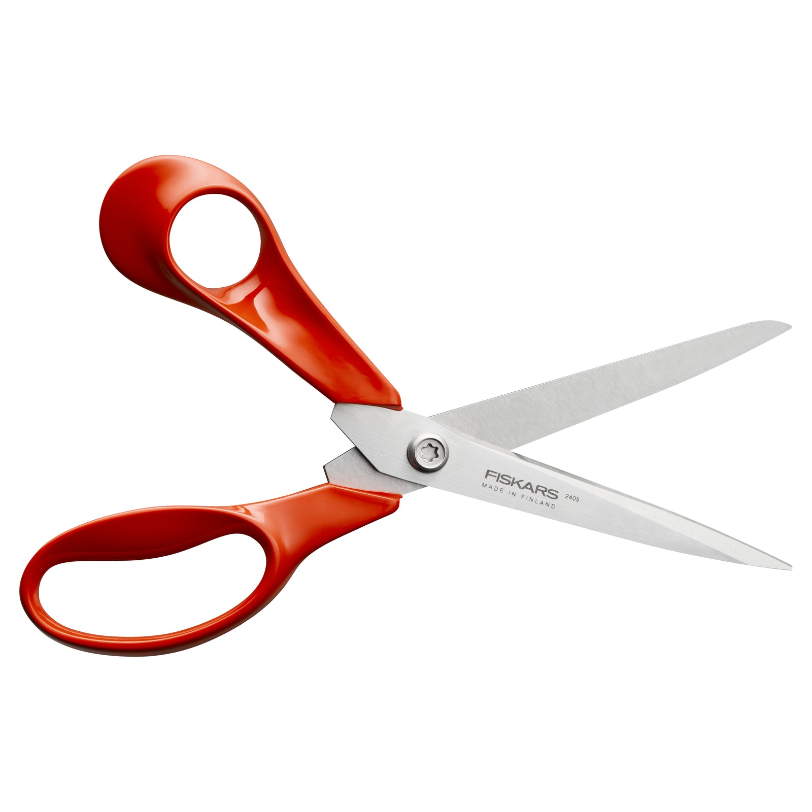 Fiskars Classic left-handed scissors with red ergonomic handles and silver blades.