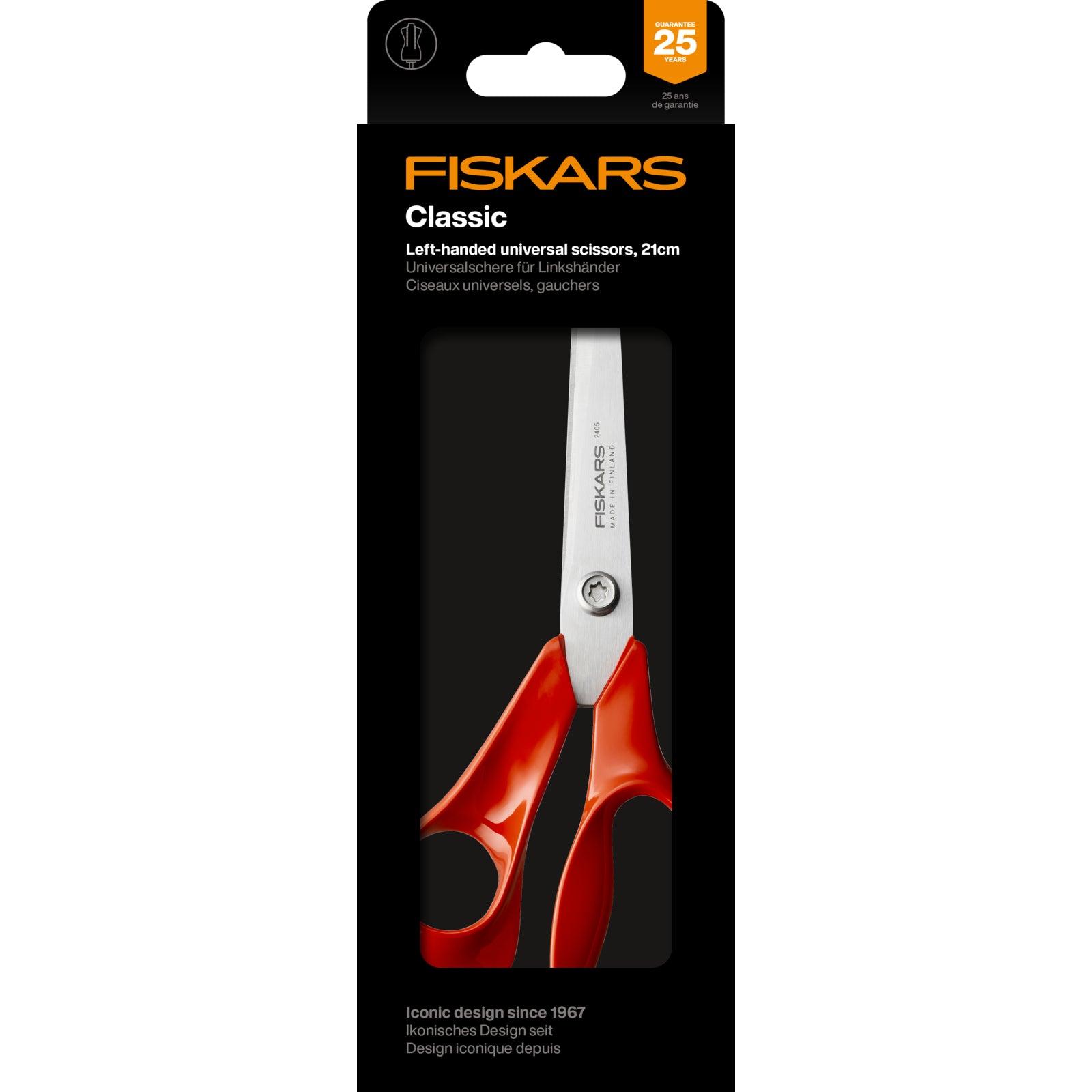 Fiskars Classic left-handed scissors with red ergonomic handles.