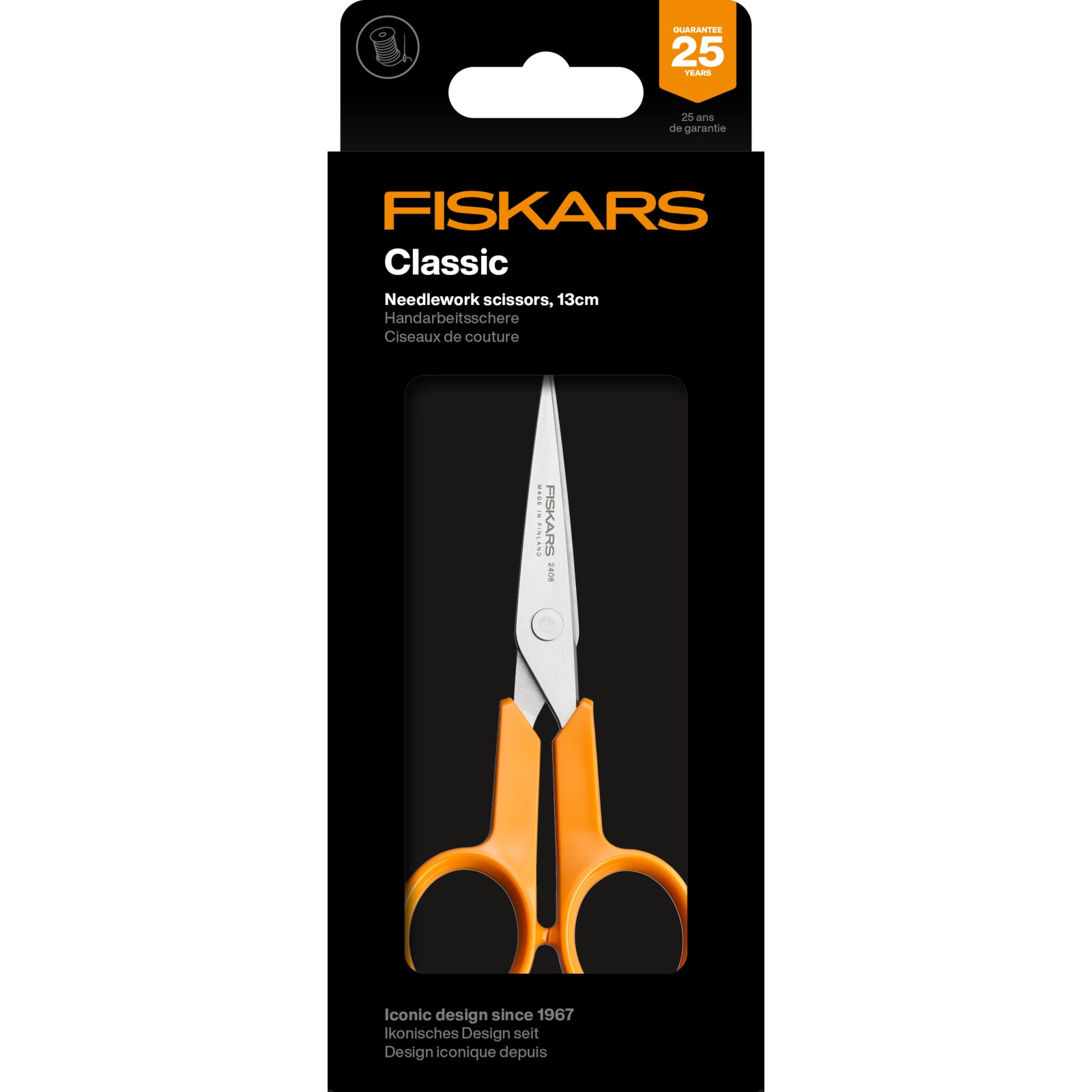 Fiskars Classic needlework scissors with orange handles and 13cm blades.