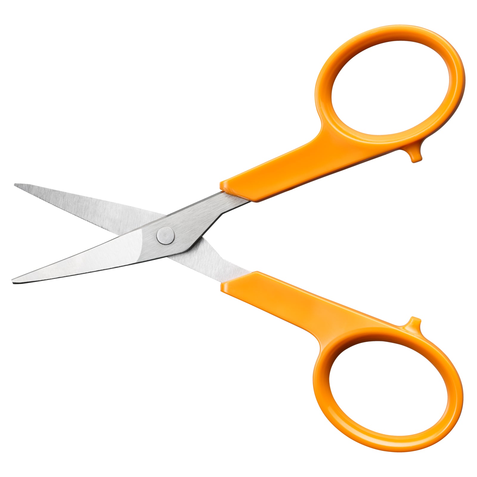 Fiskars 10cm orange-handled embroidery scissors with curved blades and ergonomic handles.