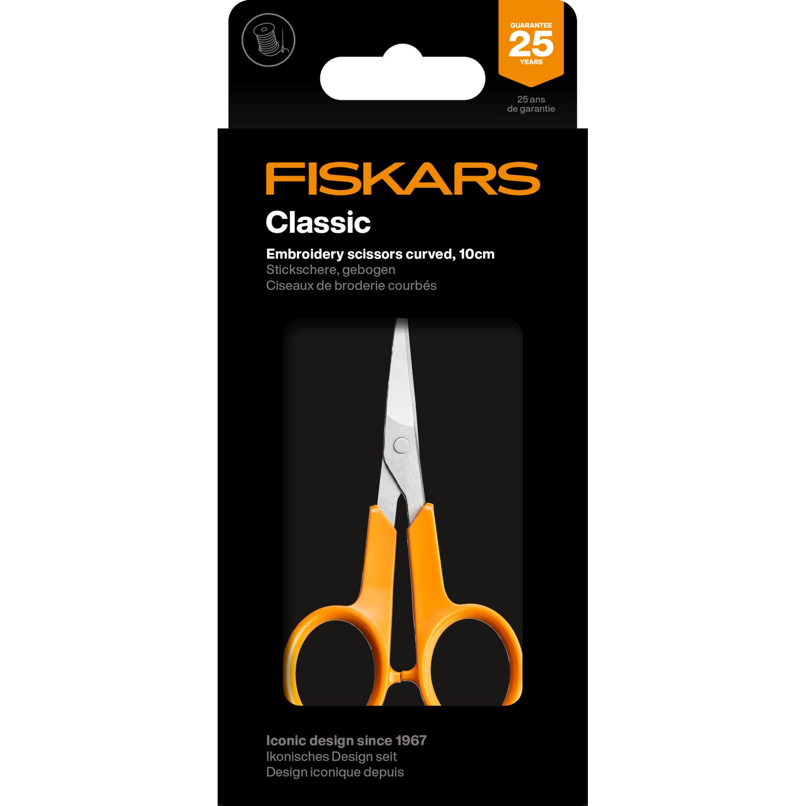 Fiskars Classic 10cm curved embroidery scissors with orange handles.