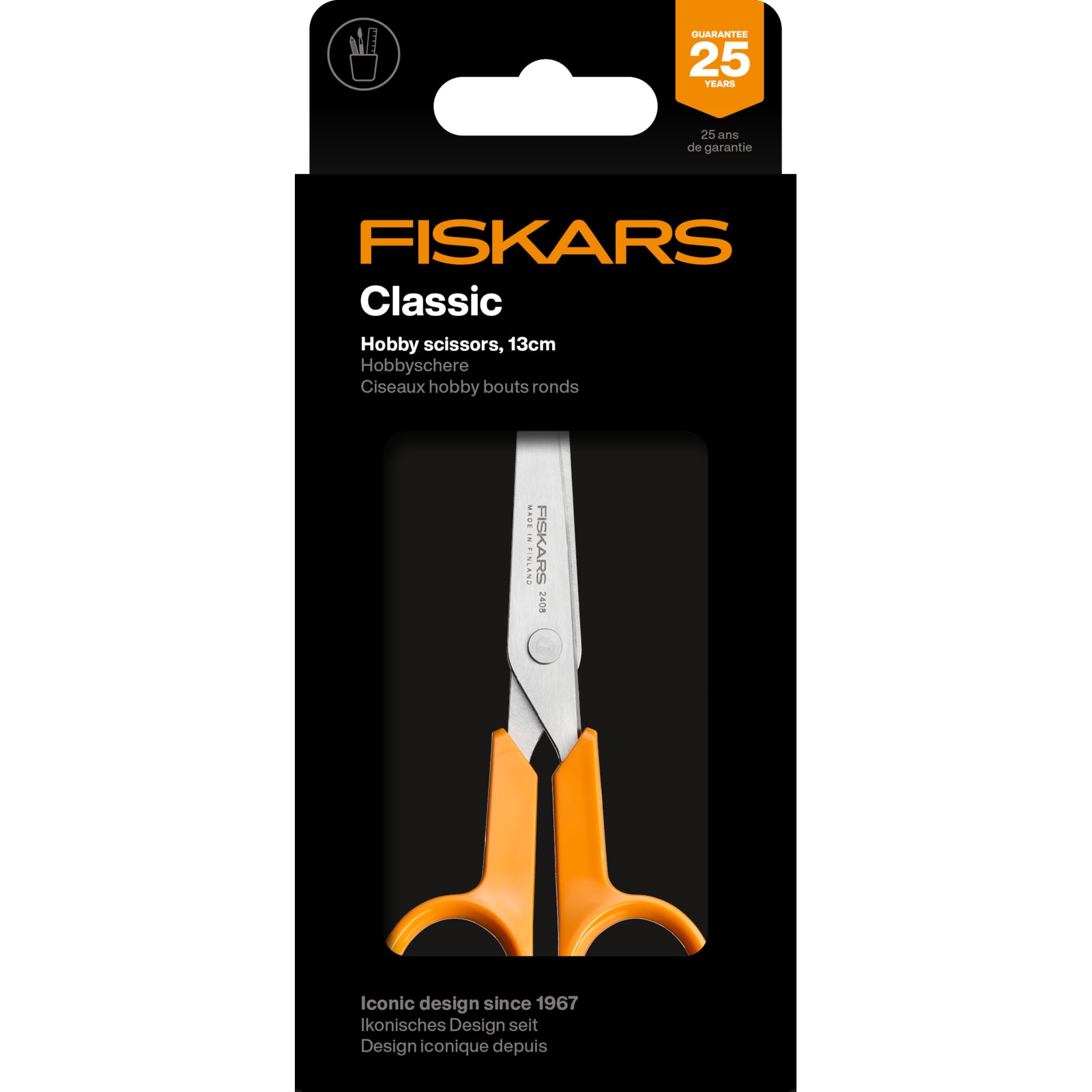 Fiskars Classic 13cm hobby scissors with orange ergonomic handles.