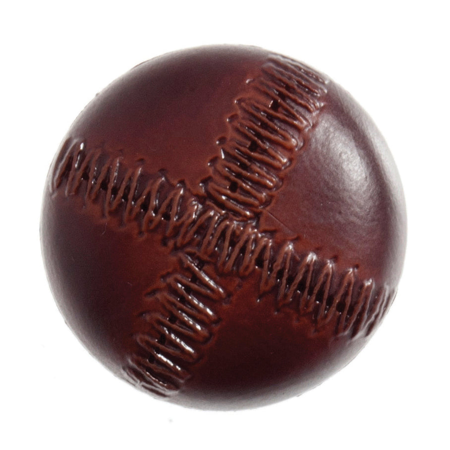 A round, red-brown imitation leather button with a textured, stitched-look cross design.