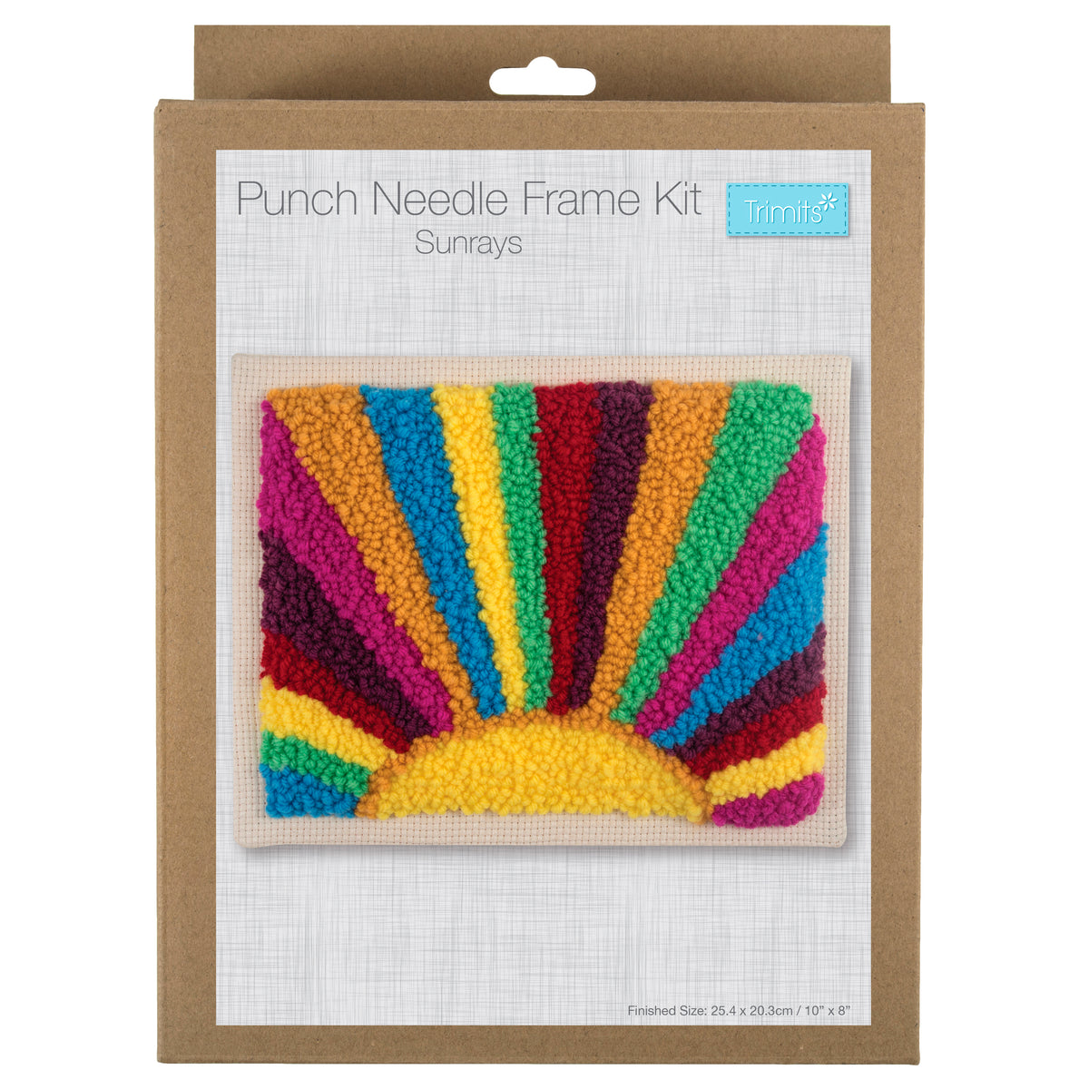 Punch Needle Kit: Sunrays featuring a colorful sunburst design on a pre-stretched canvas frame.