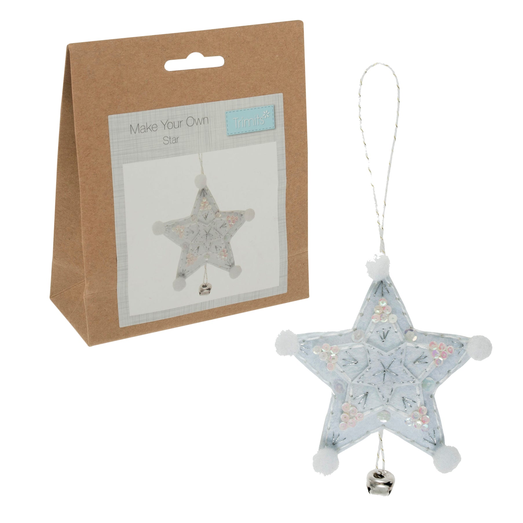 A felt star decoration kit with sequins, pom-poms, and a bell.