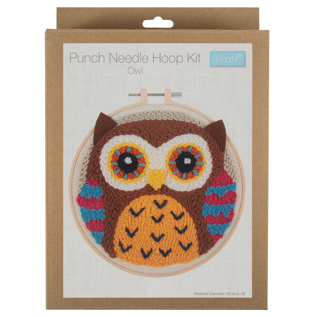 Punch Needle Hoop Kit featuring a brown, yellow, and blue owl design in a wooden hoop.