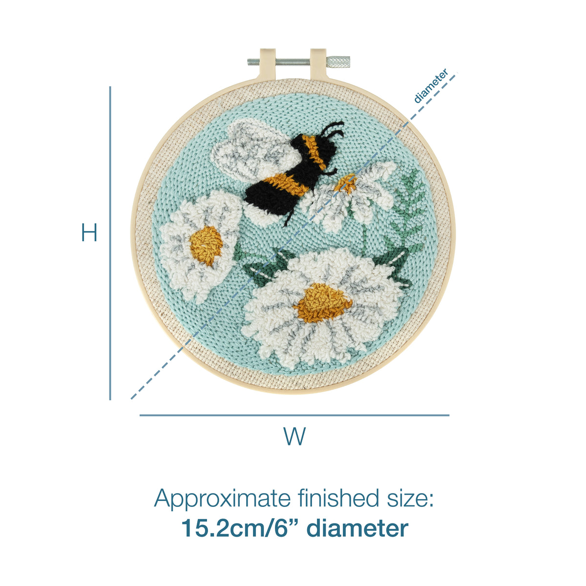 Punch needle kit featuring a bee and daisies on a blue background in a 15.2cm diameter hoop.