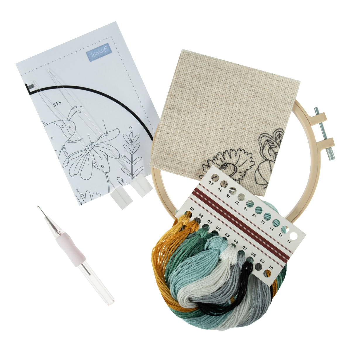Punch needle kit with hoop, pre-printed fabric, embroidery floss, punch needle, and instructions.