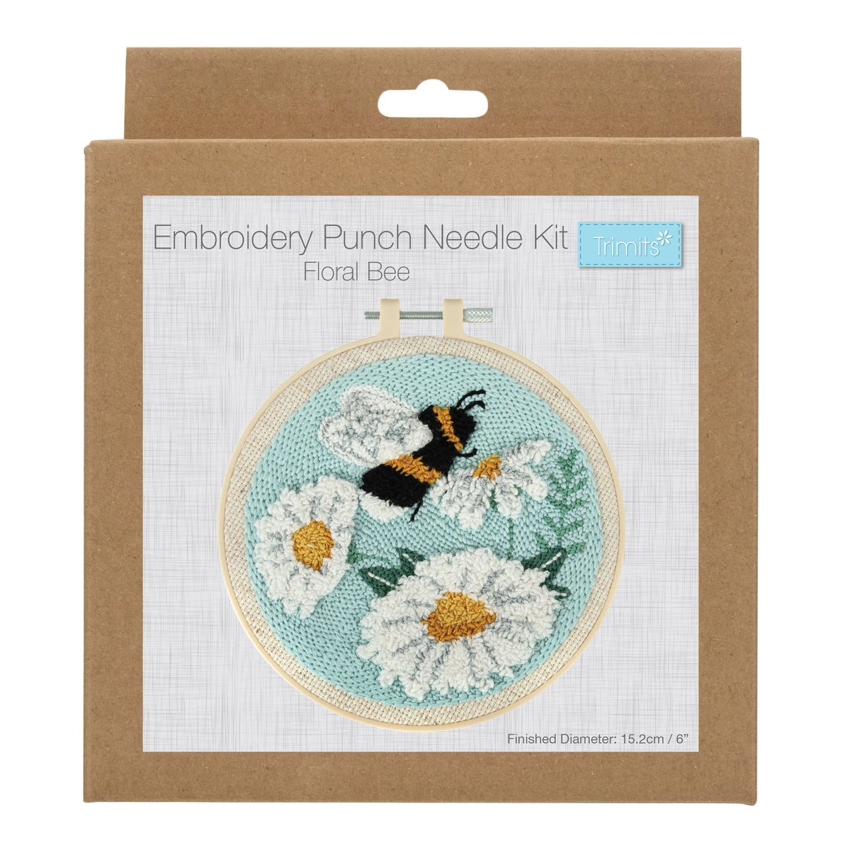 Embroidery Punch Needle Kit Floral Bee in a brown cardboard box with a 6-inch finished hoop design.