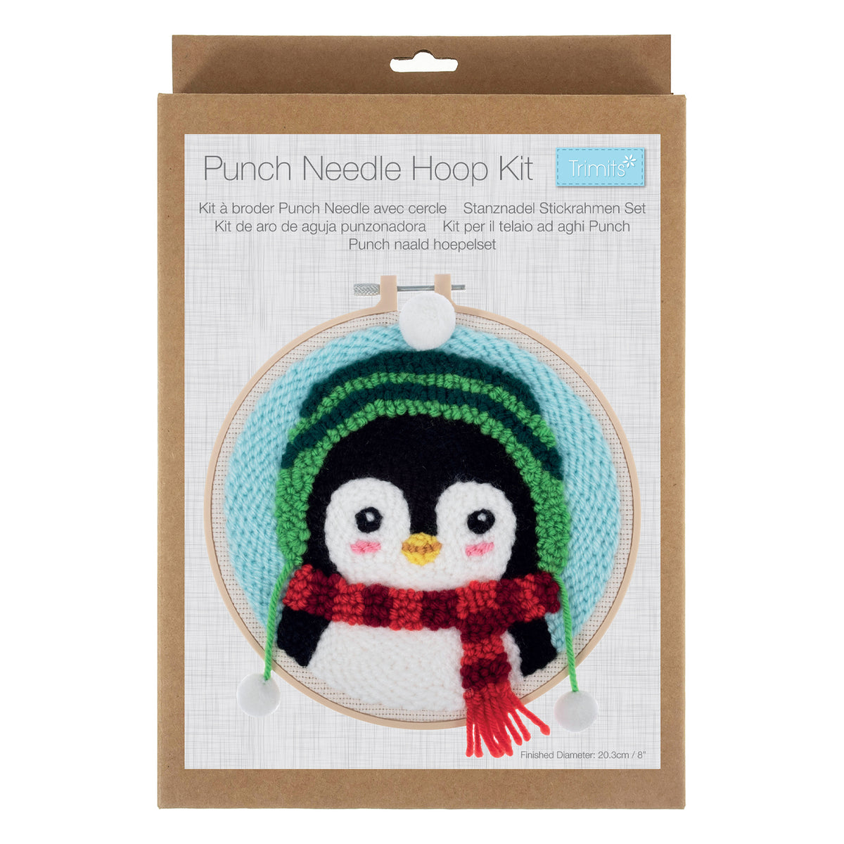 Punch Needle Hoop Kit featuring a penguin wearing a green hat and red scarf in an 8-inch hoop.