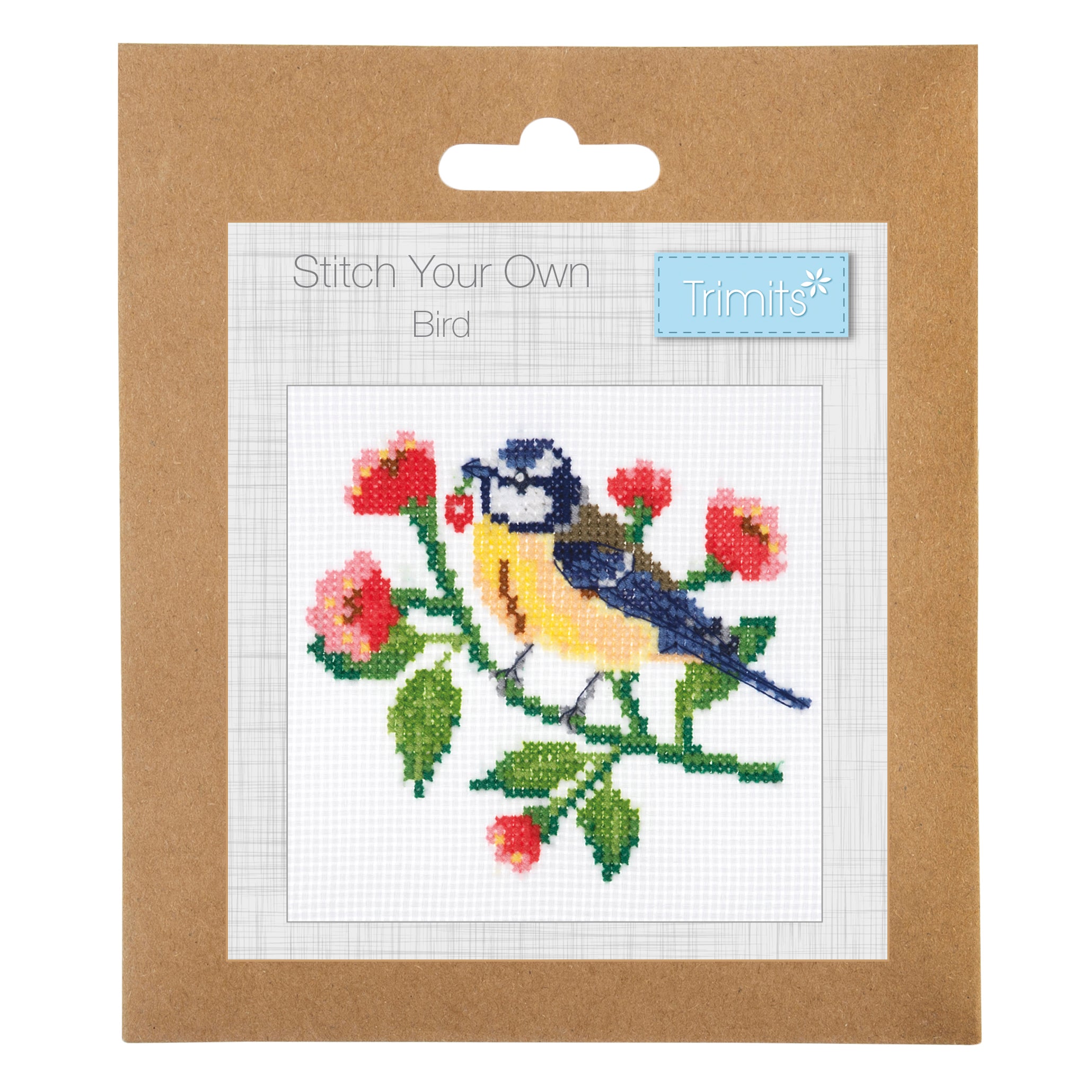 Mini counted cross stitch kit featuring a blue and yellow bird on a floral branch.