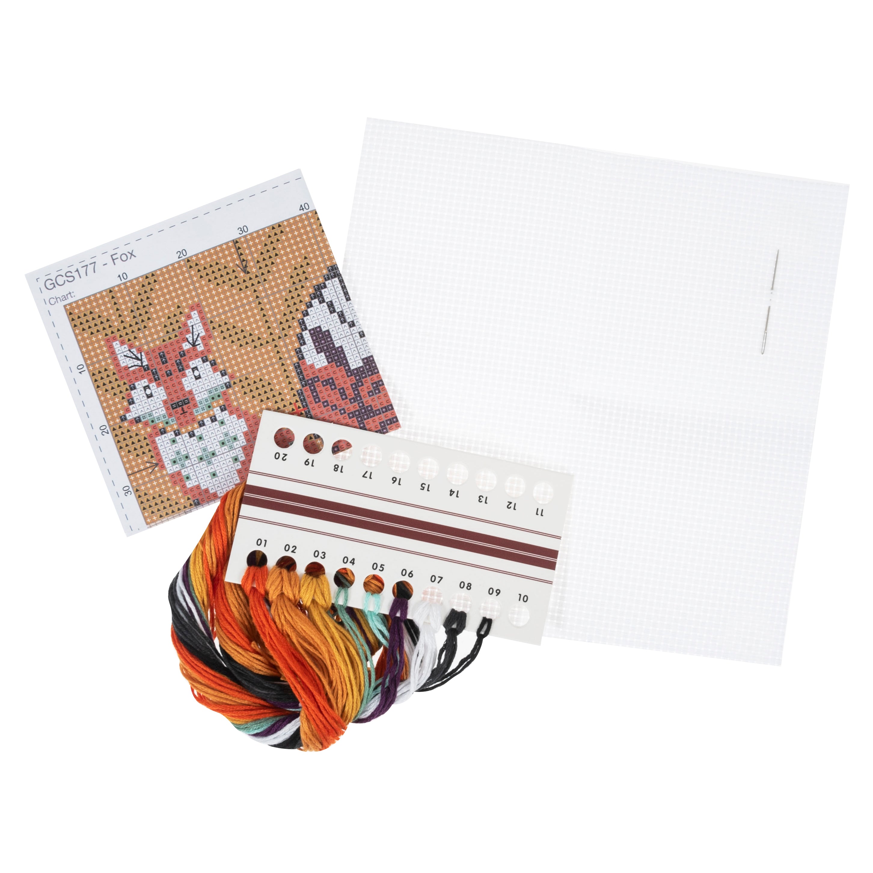 Trimits Fox Mini Counted Cross Stitch Kit with pattern, threads, needle, and 11 count aida fabric.
