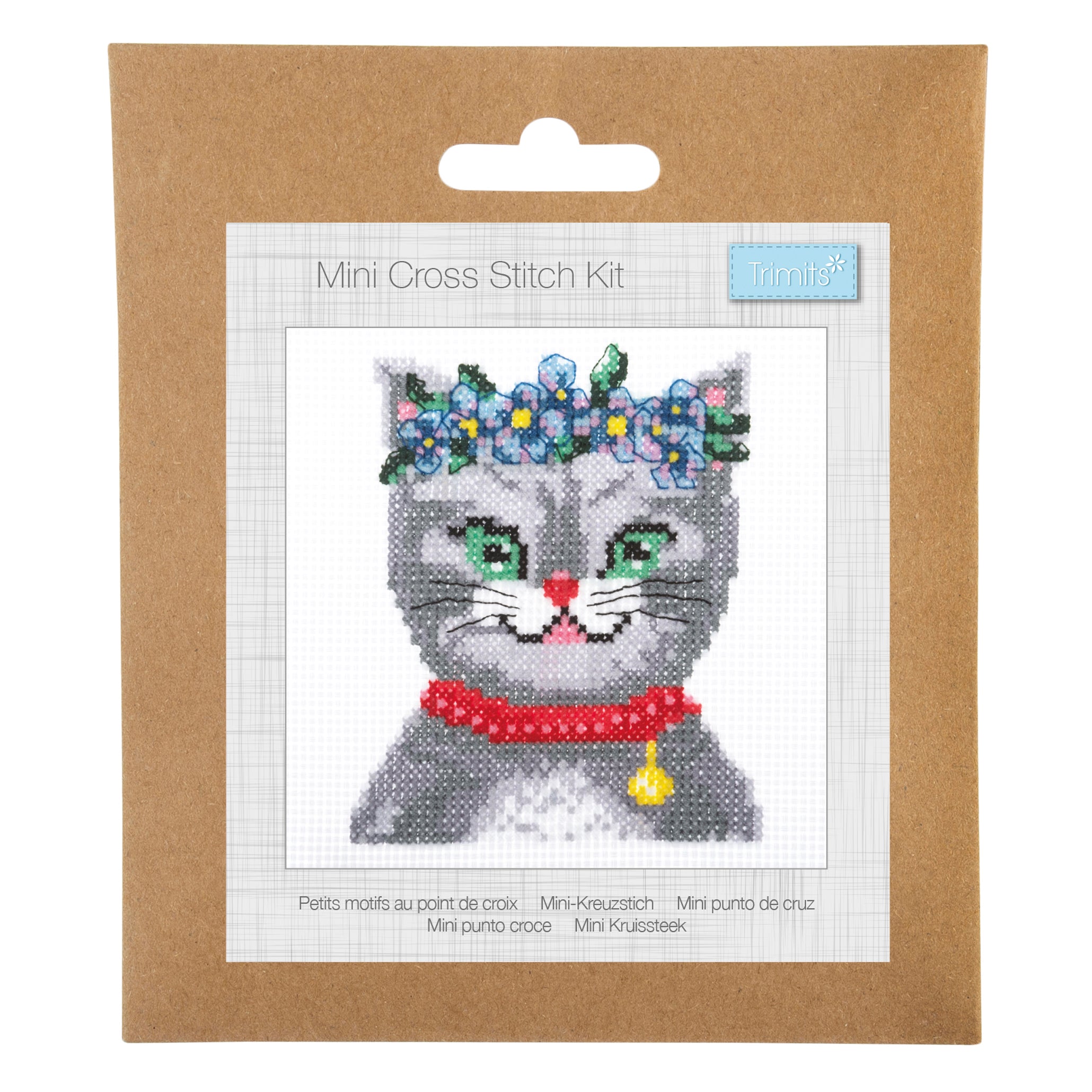 Trimits mini cross stitch kit featuring a grey cat with a flower crown and red collar.