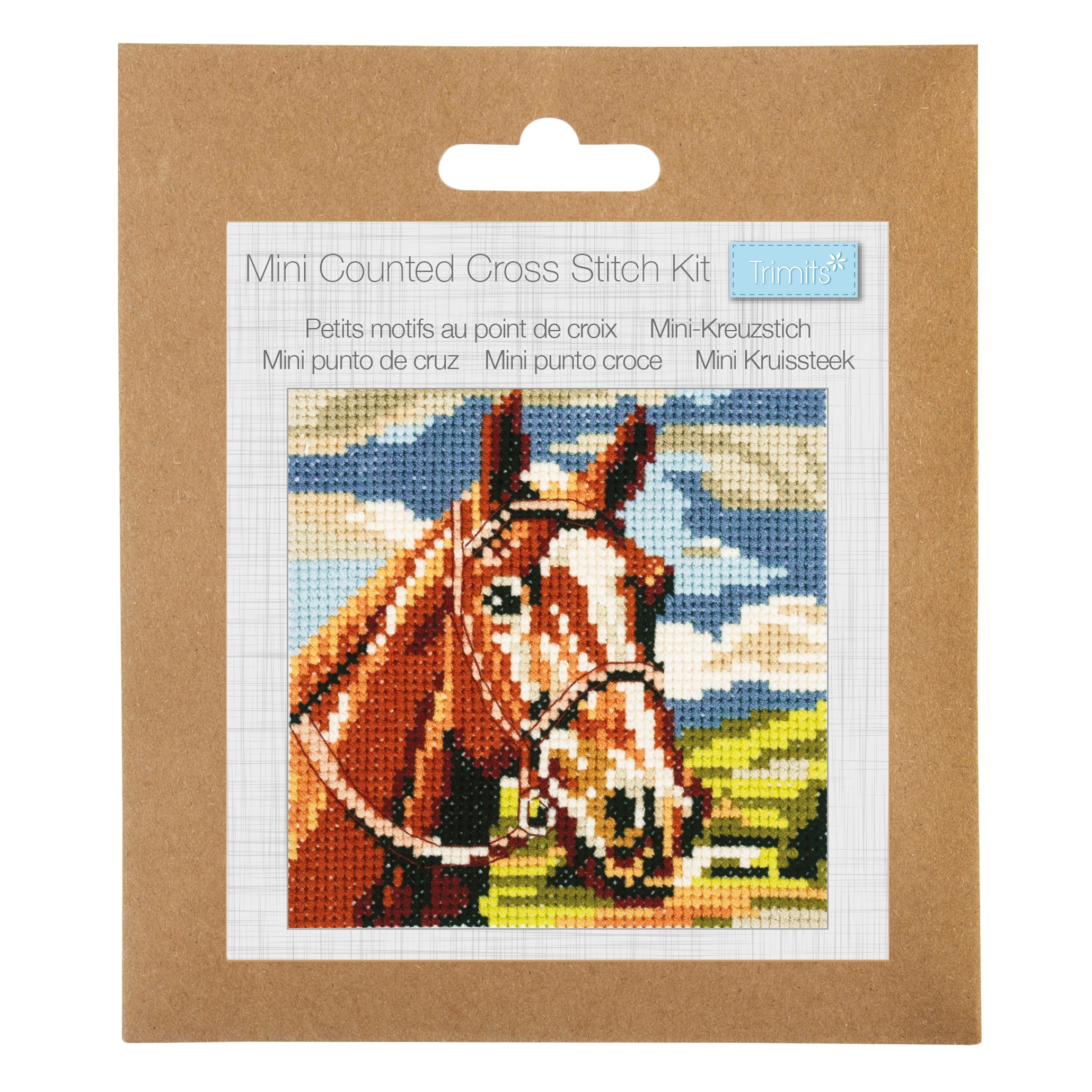 Trimits mini counted cross stitch kit featuring a brown horse design in a 13 x 13cm size.