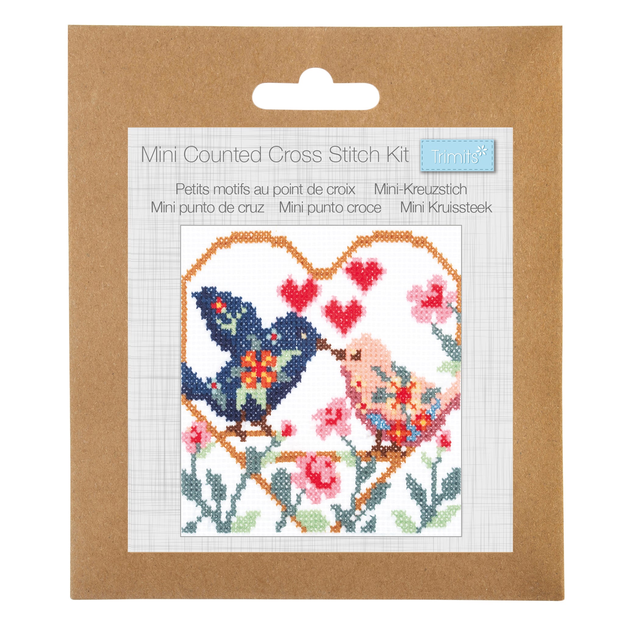 Mini Love Birds counted cross stitch kit featuring two colorful birds inside a heart-shaped border.