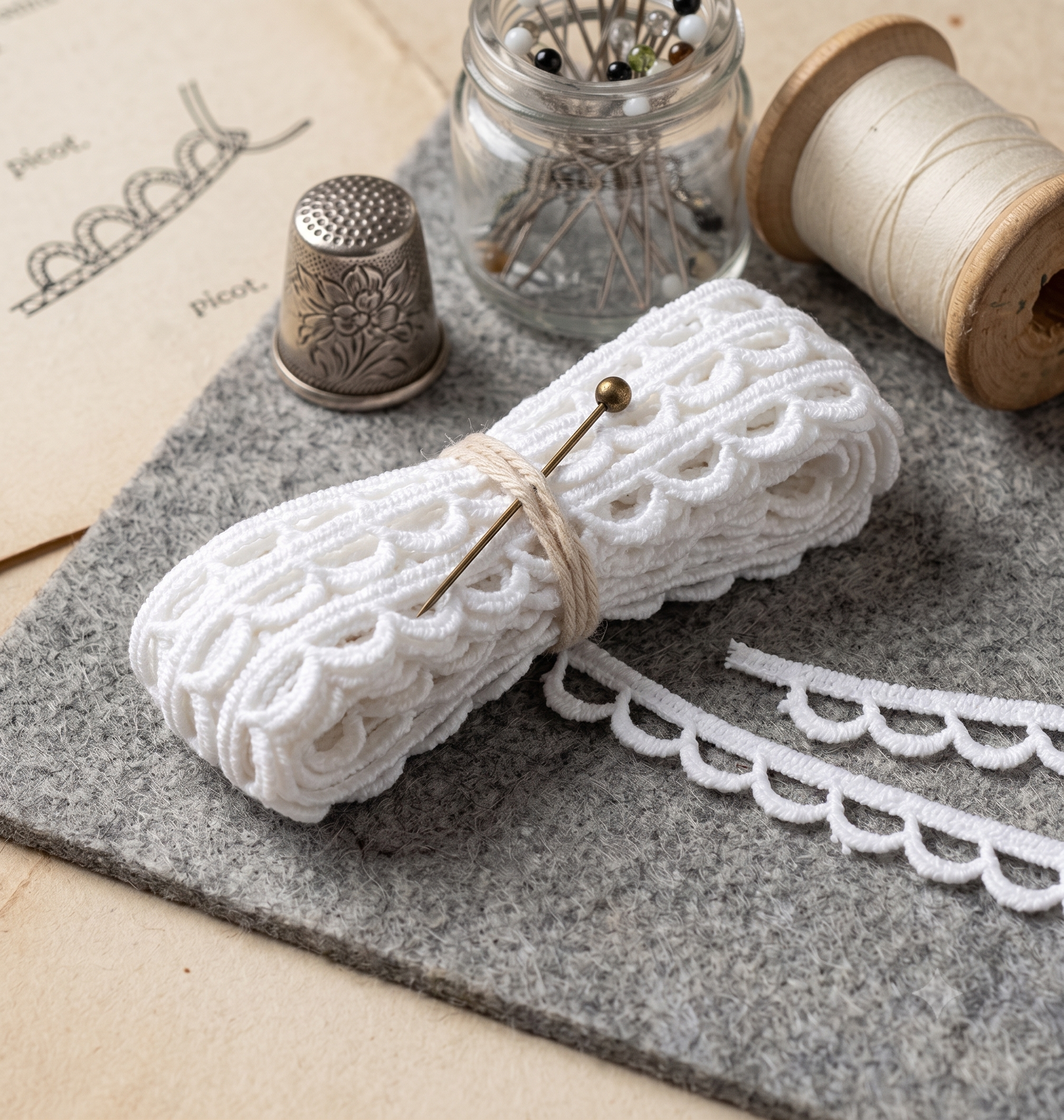 Vintage haberdashery set with a white picot scallop lace trim bundle on a grey felt mat.
