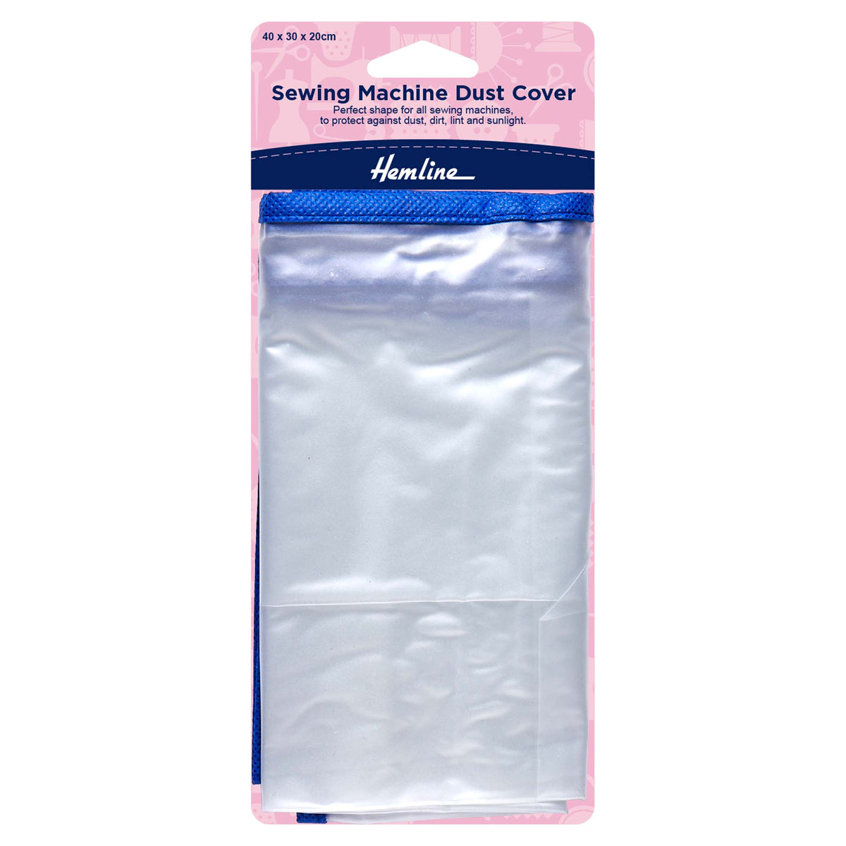 Hemline Sewing Machine Dust Cover in clear PVC with blue trim, measuring 40 x 30 x 20cm.