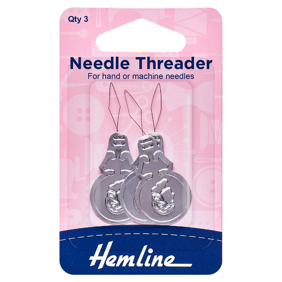Pack of 3 Hemline aluminium needle threaders for hand or machine needles on pink card packaging.