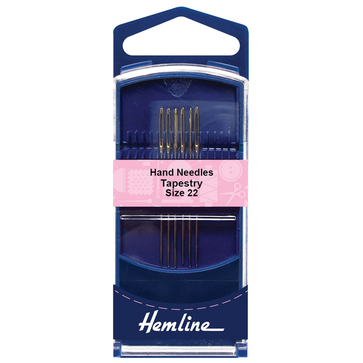 Hemline pack of six size 22 gold eye tapestry hand sewing needles in a blue plastic case.