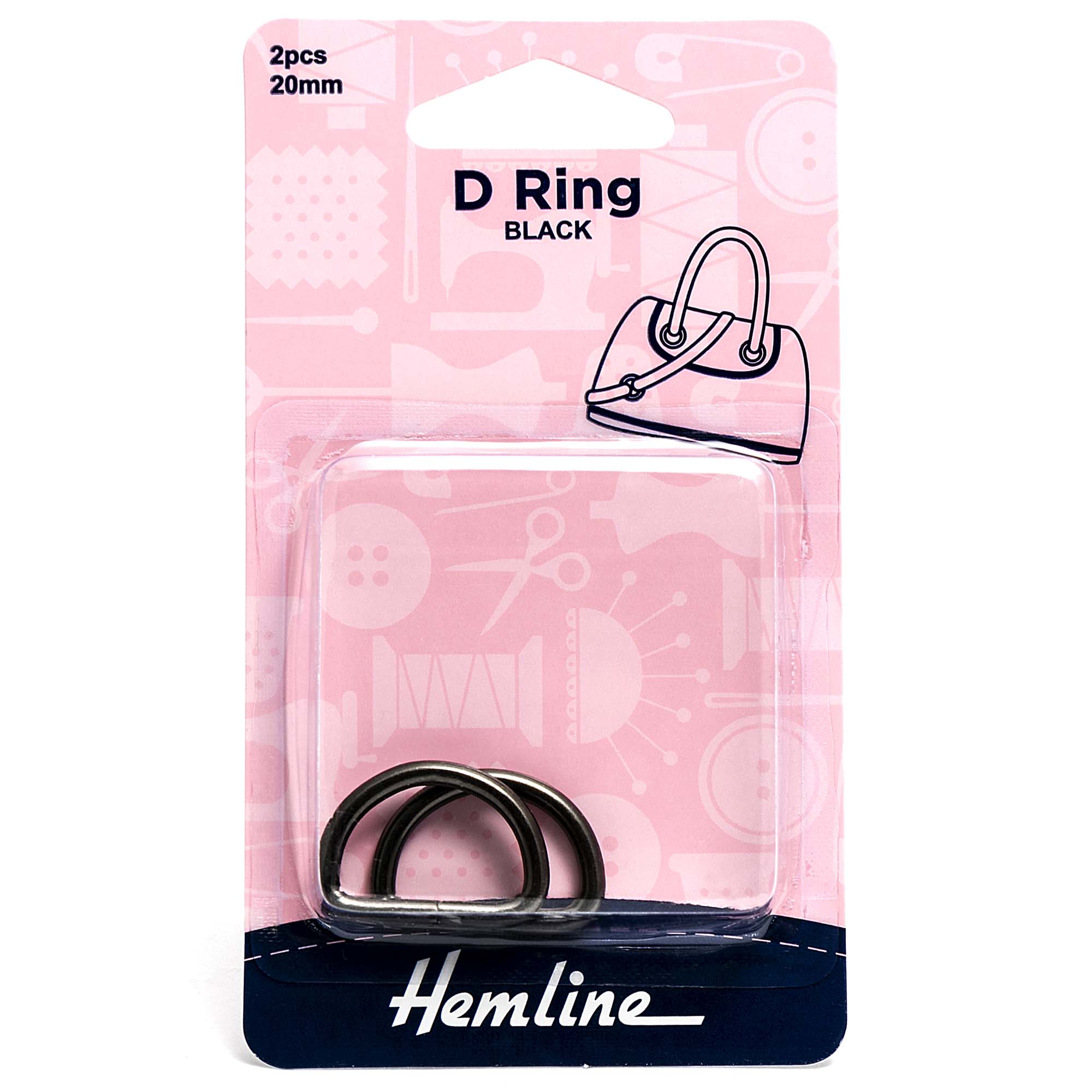 Hemline 20mm Nickel Black D Rings, 2 pieces in pink retail packaging.