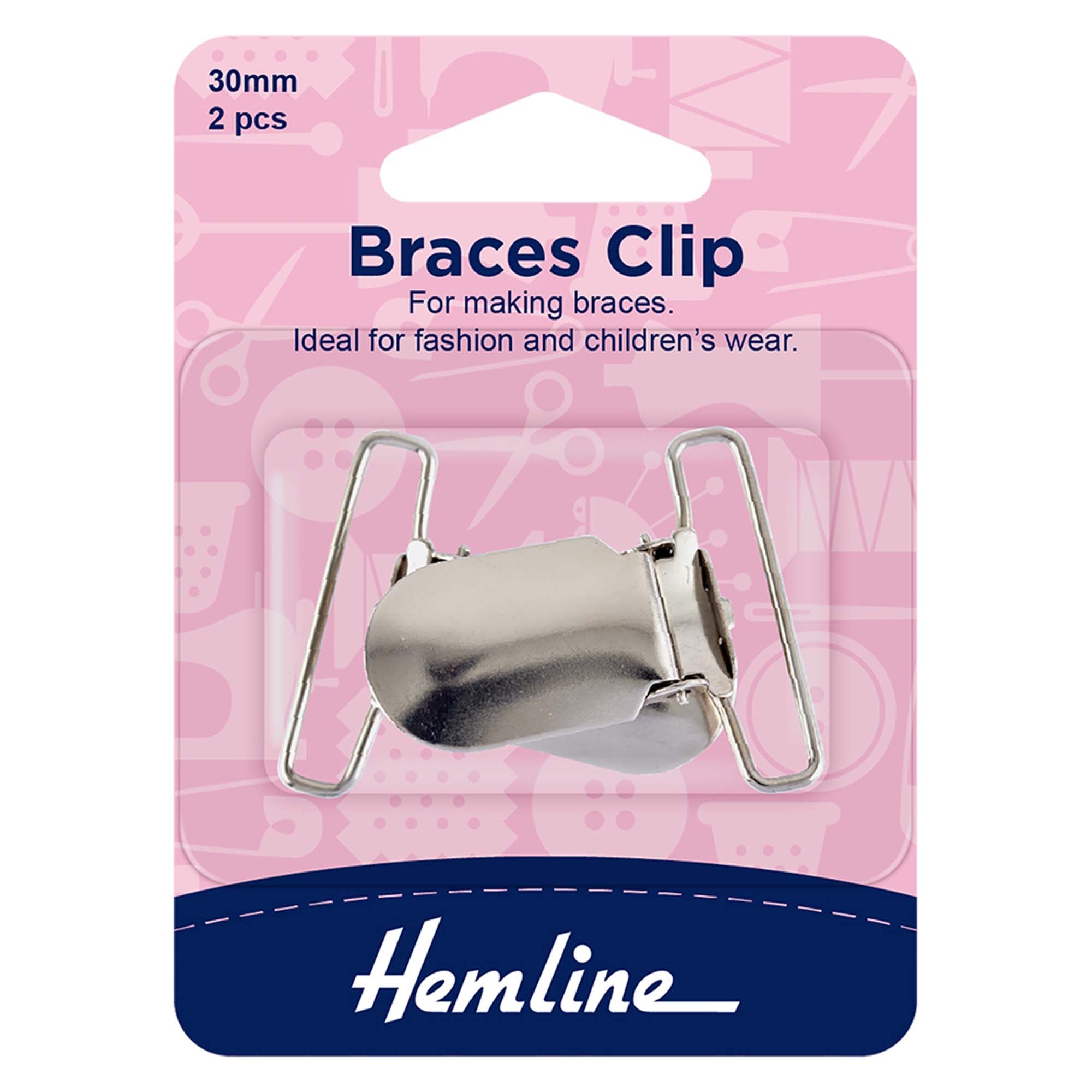 Pack of two 30mm nickel-plated metal braces clips for dungarees and fashion wear by Hemline.