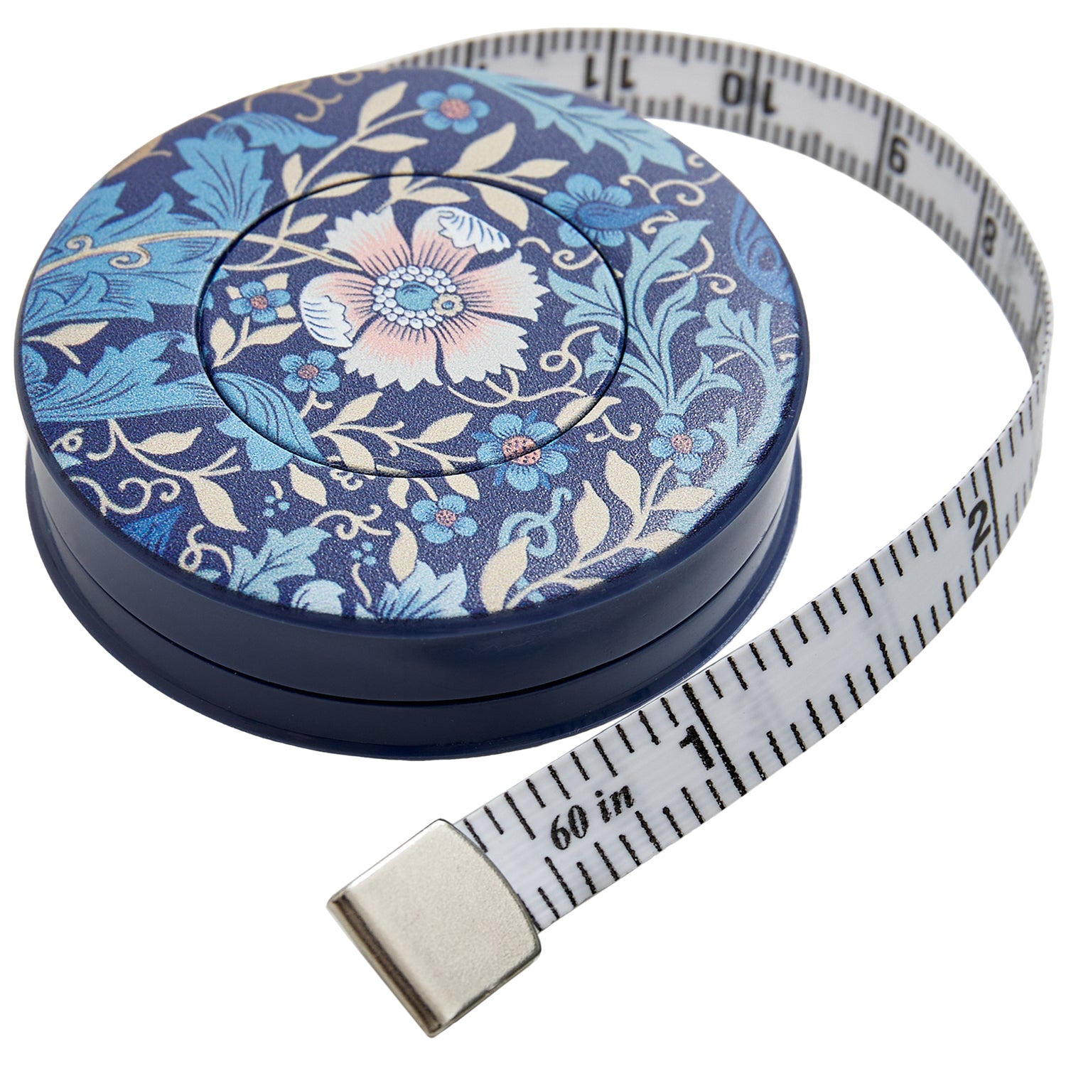 Retractable tape measure with a blue floral Arts and Crafts design and 60-inch imperial markings.