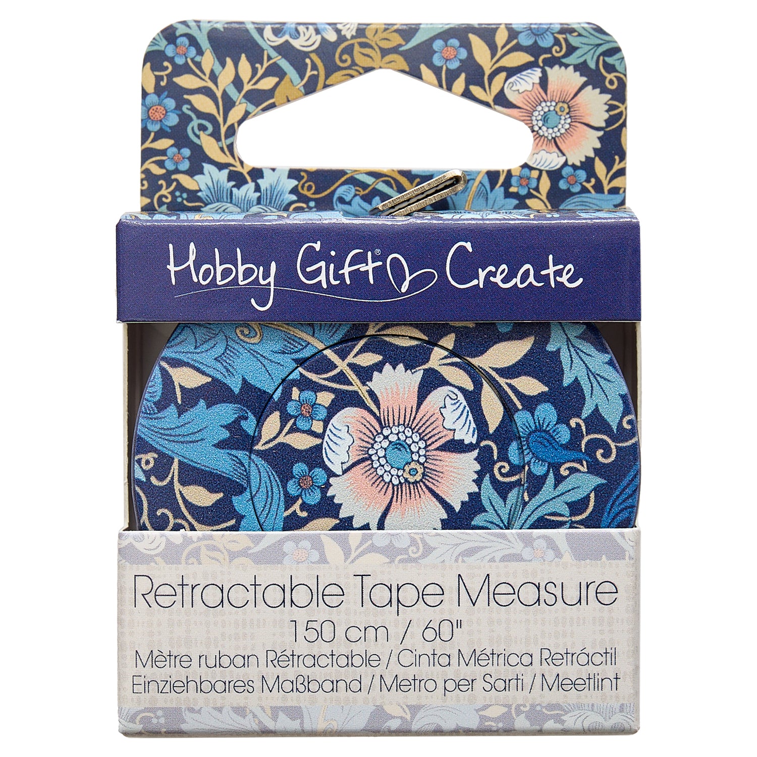 Retractable 150cm tape measure in a blue floral Arts and Crafts style case and packaging.