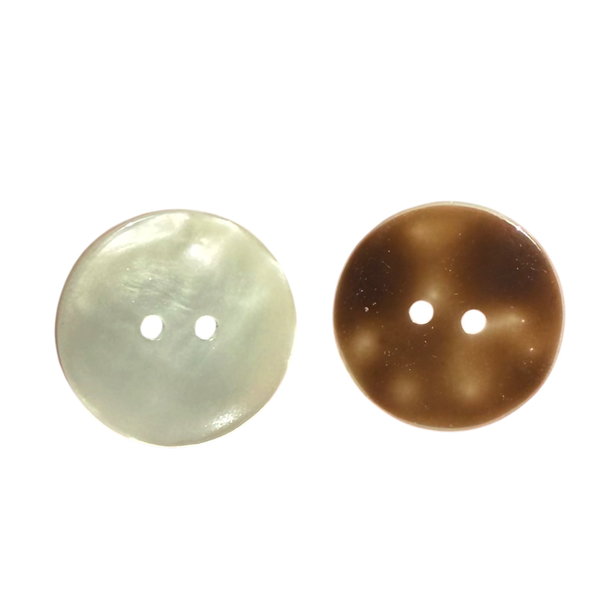 Two 25mm 2-hole resin buttons, one in iridescent cream and one in mottled brown.