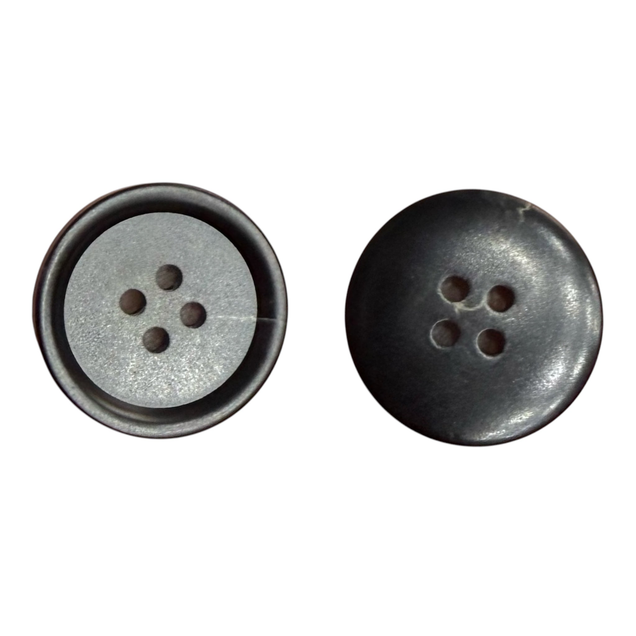 Front and back view of two 25mm black resin round 4-hole buttons on a white background.