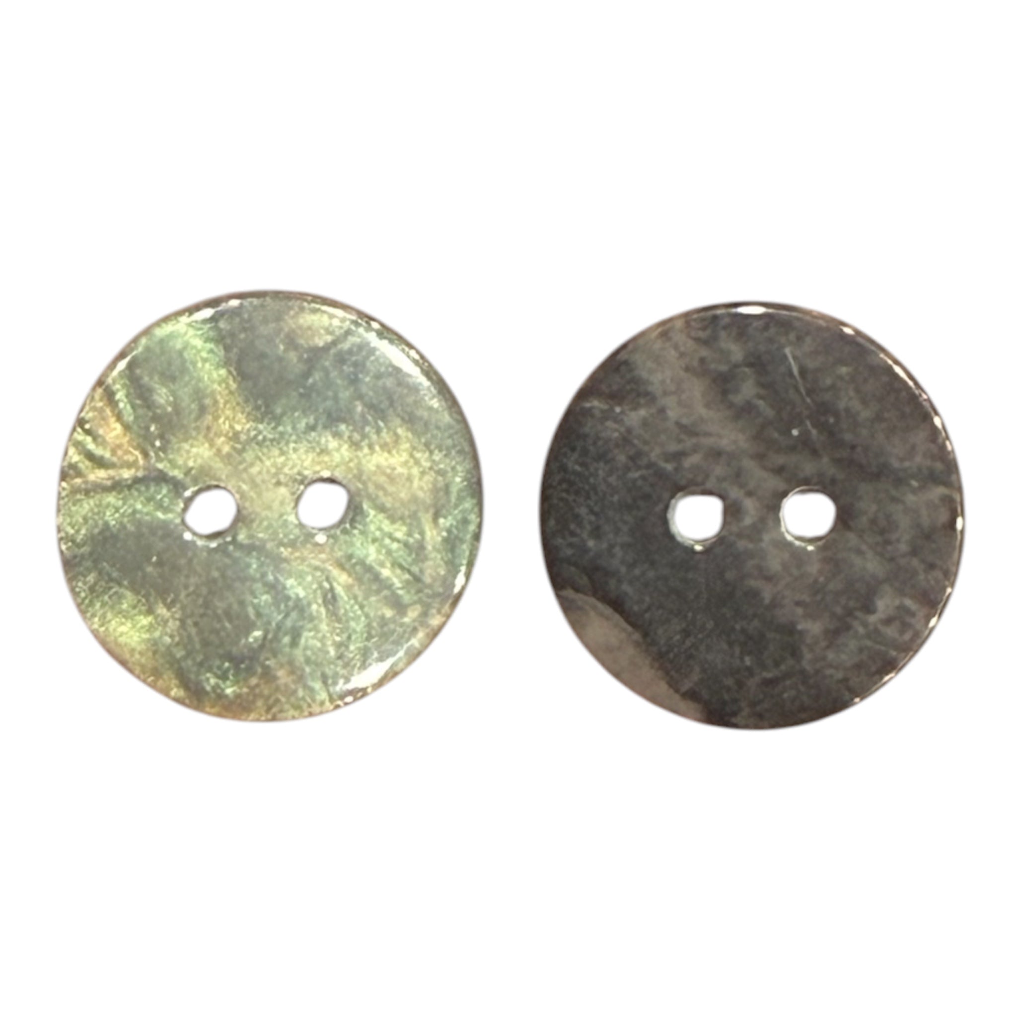 Two 15mm khaki printed 2-hole buttons with a marbled, iridescent finish.