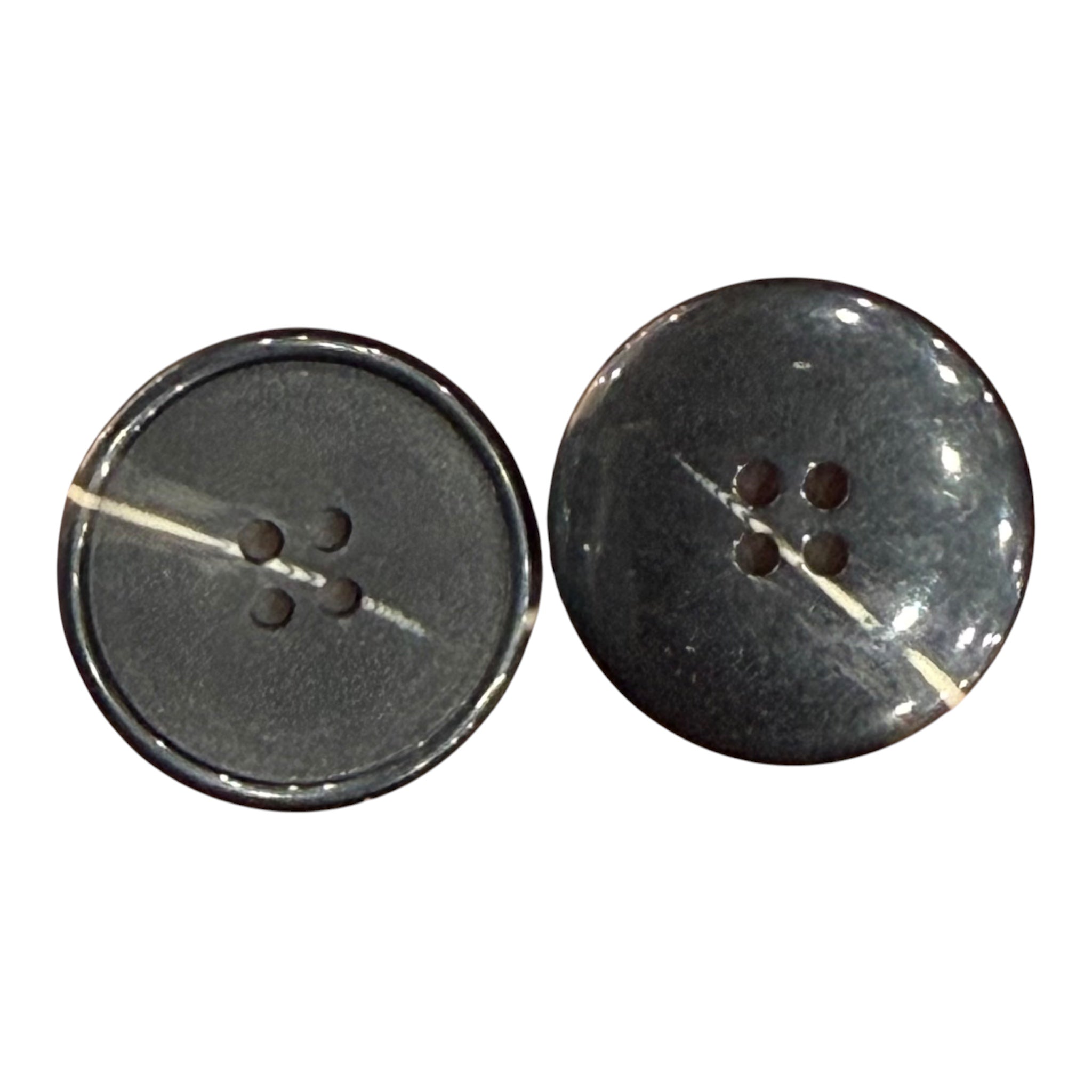 Two 25mm black and grey tinted 4-hole buttons with a white line printed across the center.