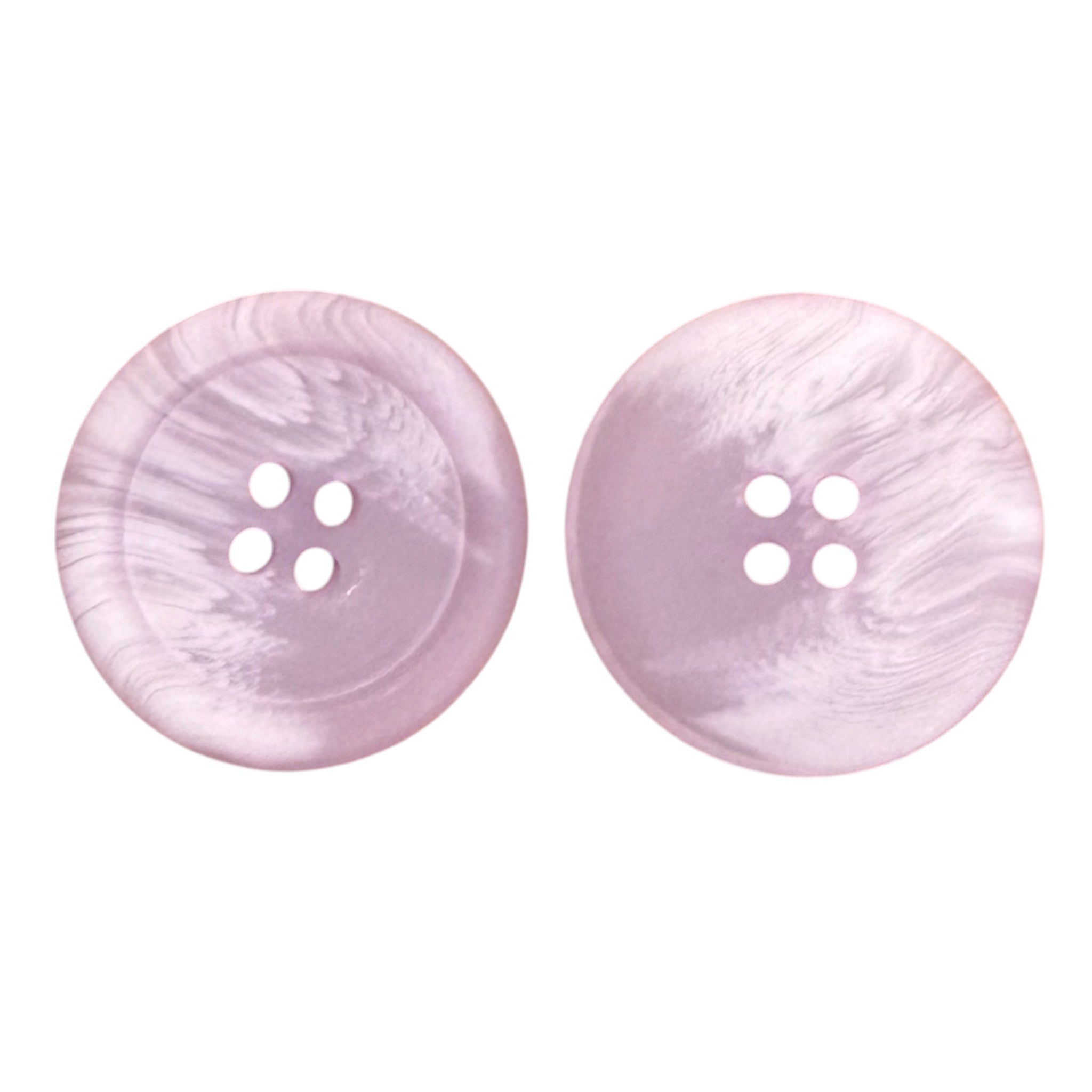 Two 28mm lilac textured resin 4-hole sewing buttons with a marbled pearlescent finish.