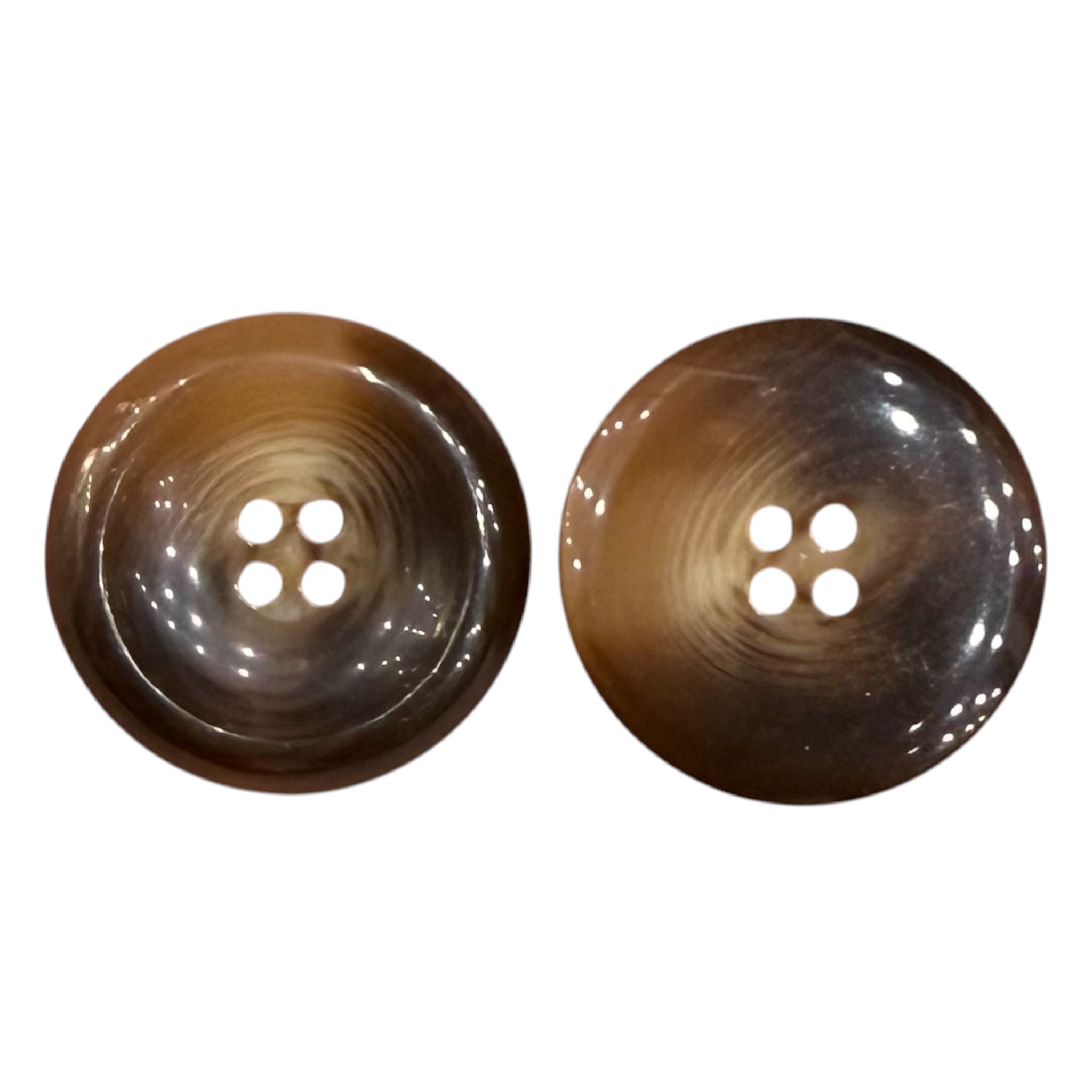 Two 27mm coffee brown textured 4-hole buttons with a marbled finish.