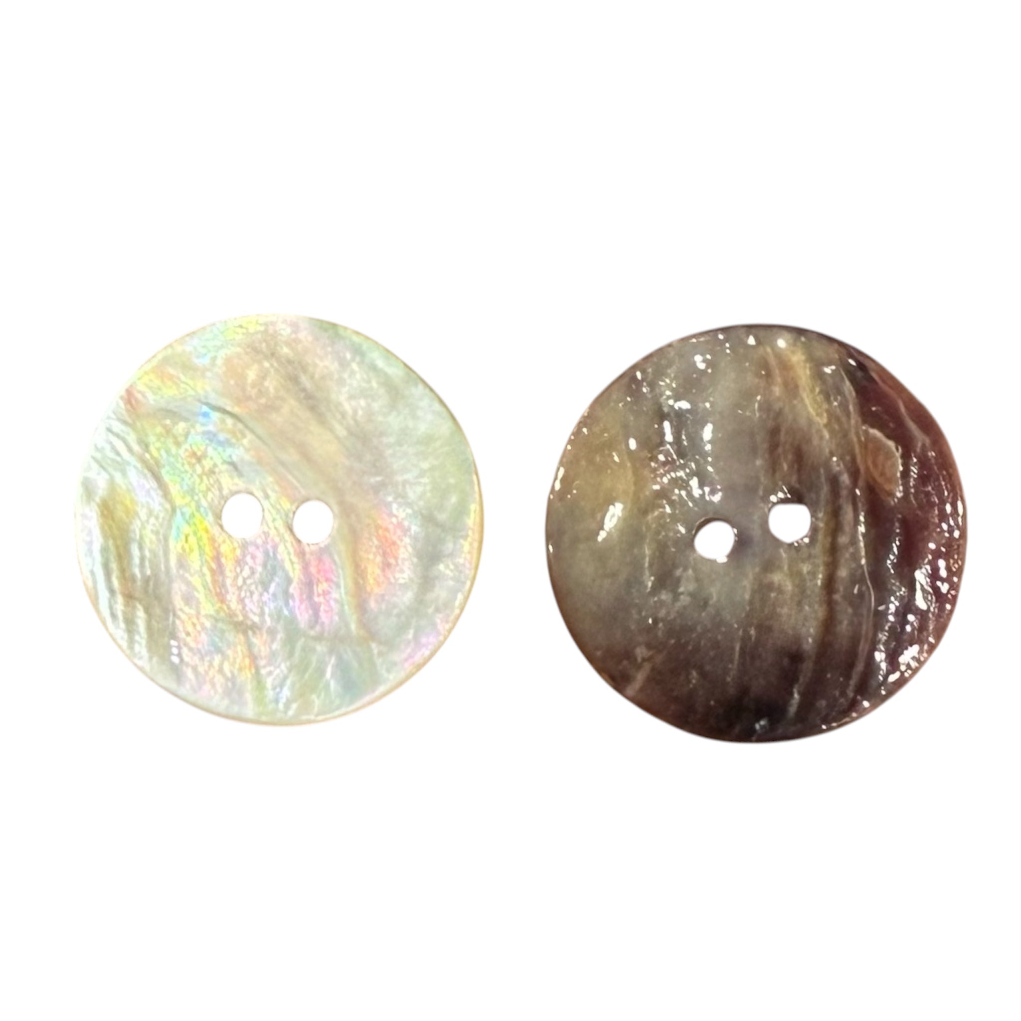 Two 22mm iridescent white shell buttons with a 2-hole design showing front and back textures.