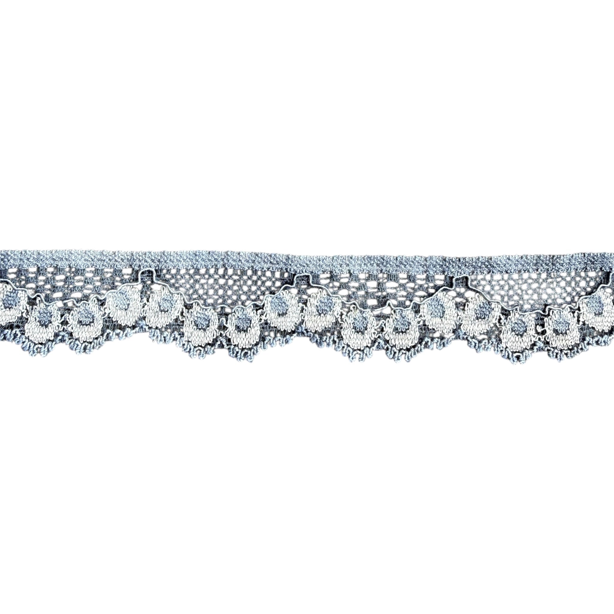 Greyish blue elastic stretch lace trim with a scalloped floral edge and mesh pattern.