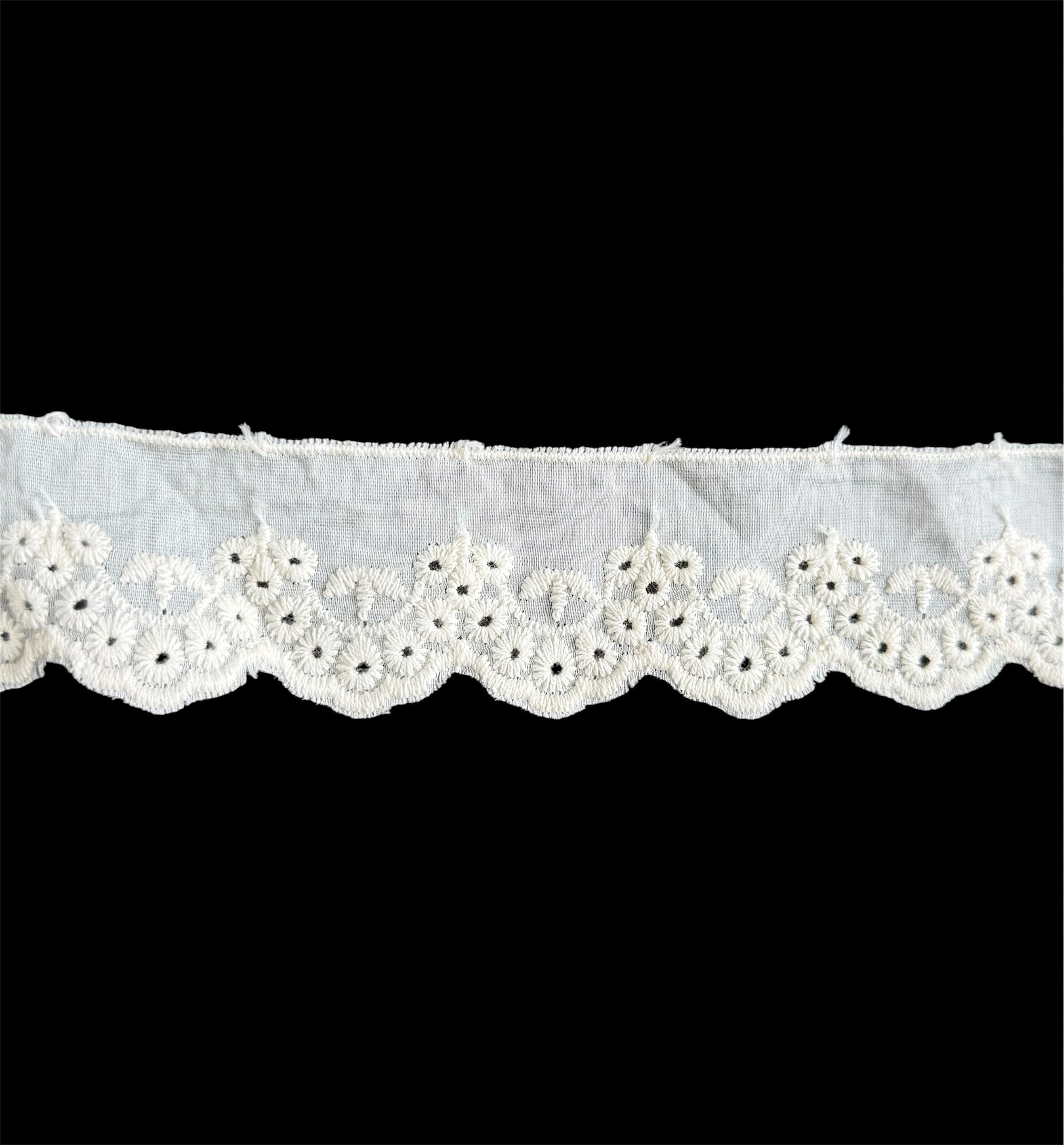 40mm ivory trim with intricate floral eyelet embroidery and a scalloped edge on a black background.