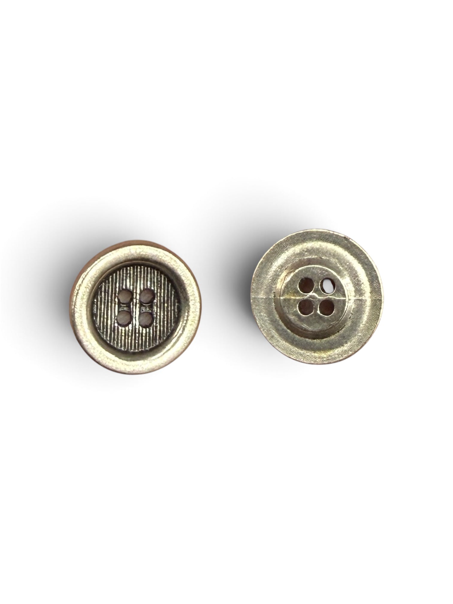 Two 14mm silver metal alloy 4-hole round sewing buttons showing front and back details.