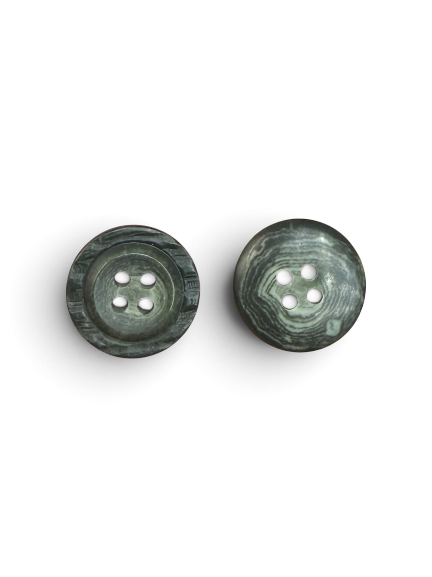 Two 18mm olive green round 4-hole sewing buttons with a marbled matte finish.