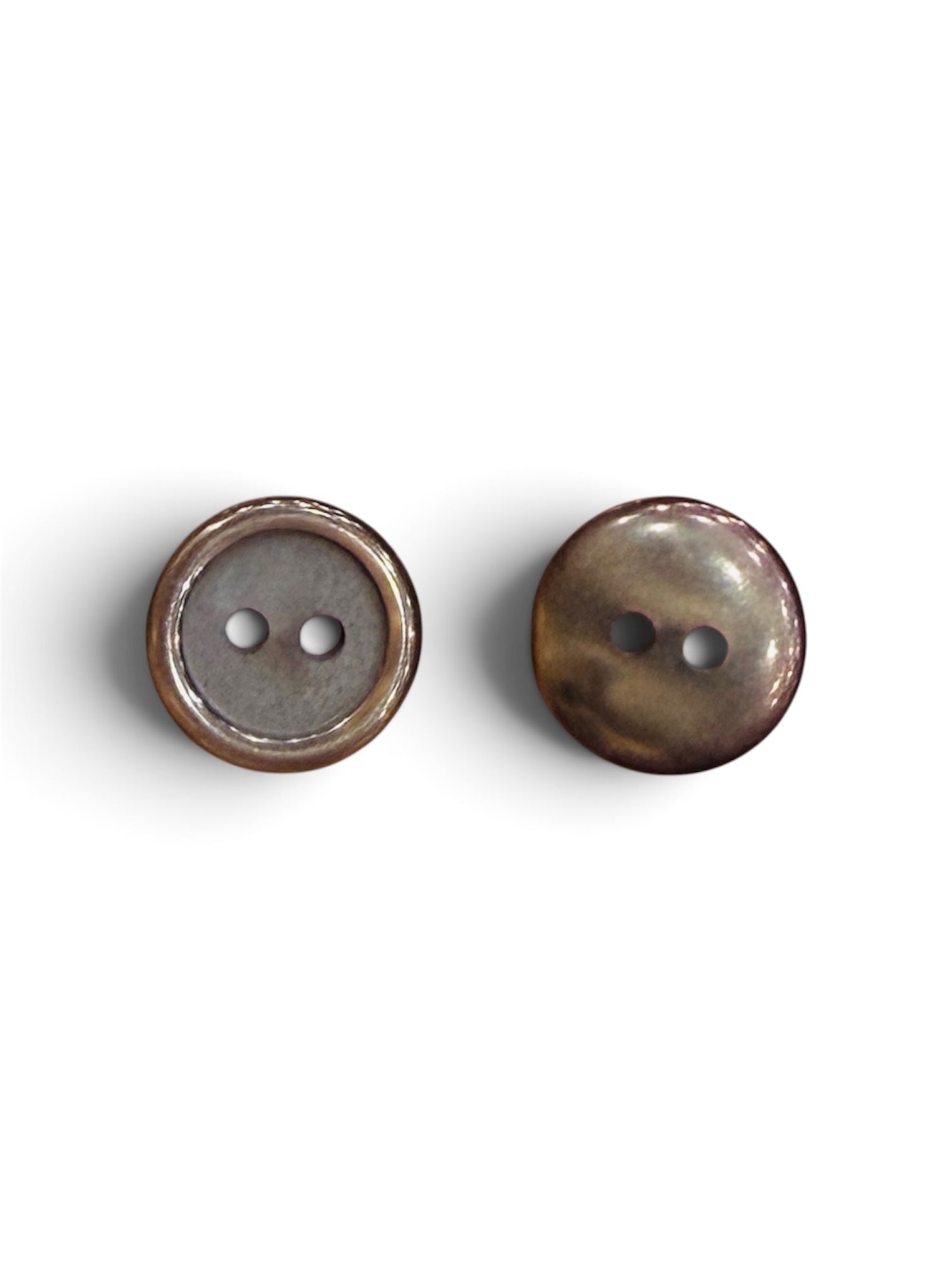 Two dark brown 11mm resin sewing buttons with a 2-hole design on a white background.