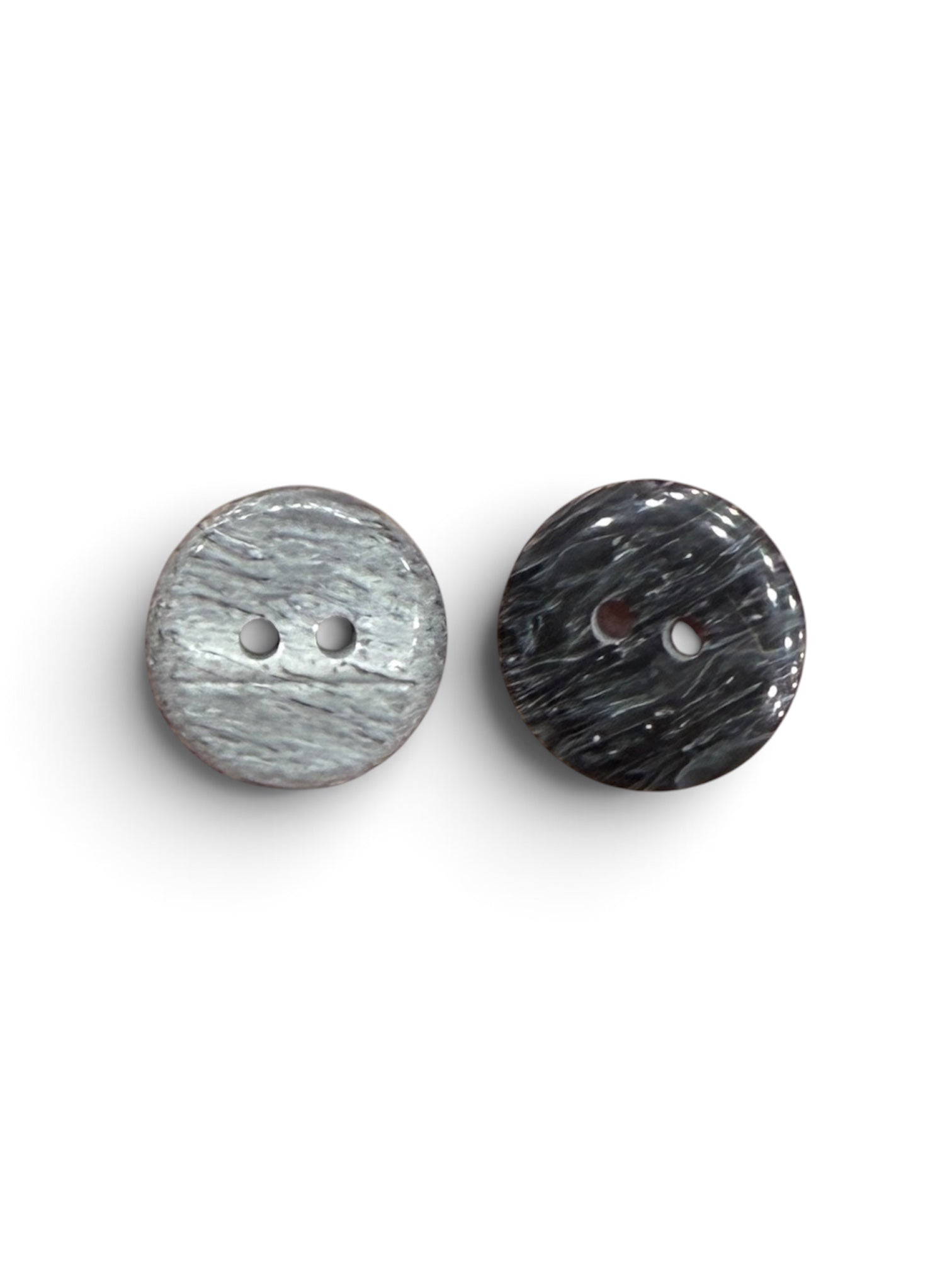 Two 15mm round grey resin buttons with a marbled texture and 2-hole design on a white background.